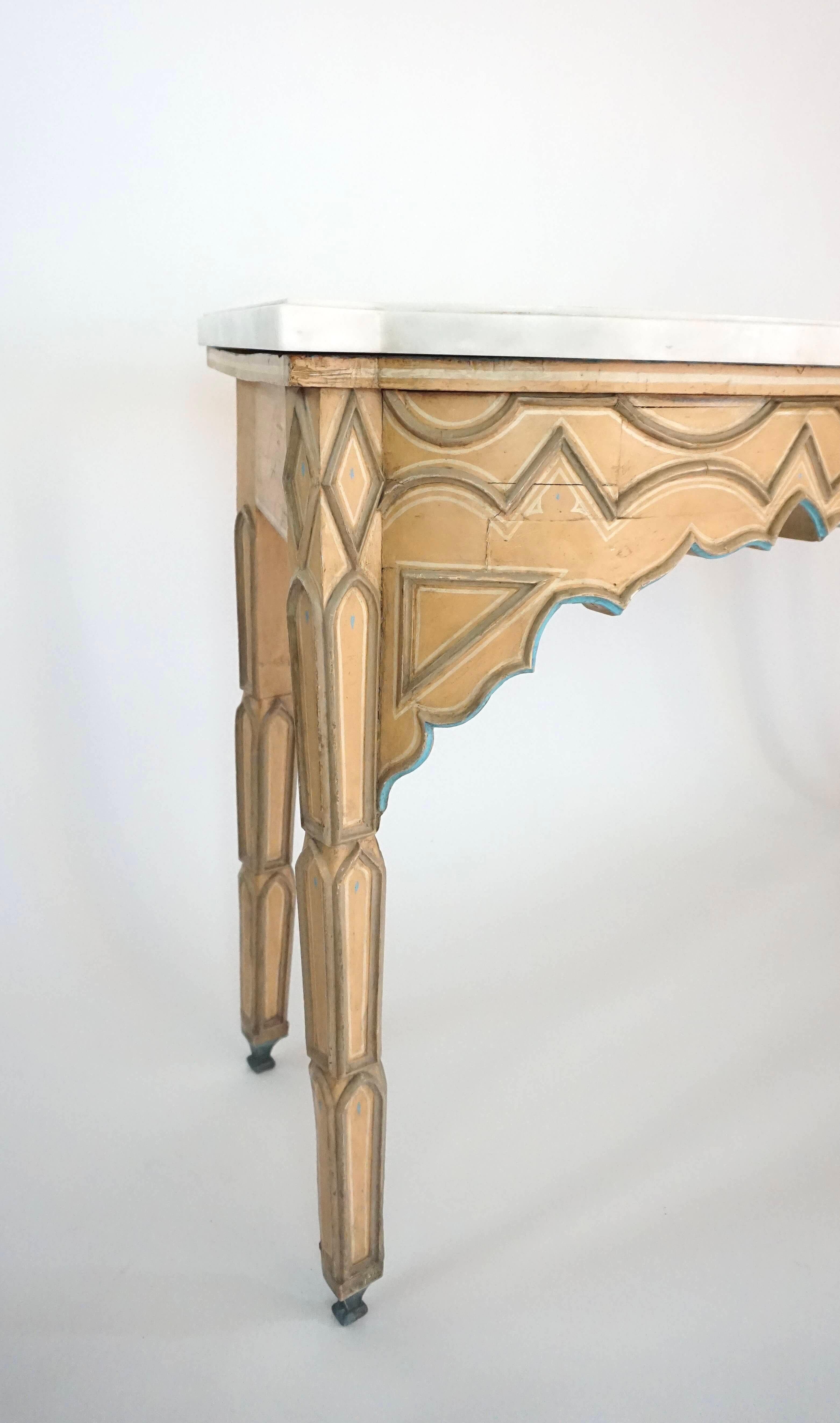 Gothic Revival Pair French Troubadour Gothic Polychrome Painted Marble Top Consoles, circa 1840 For Sale