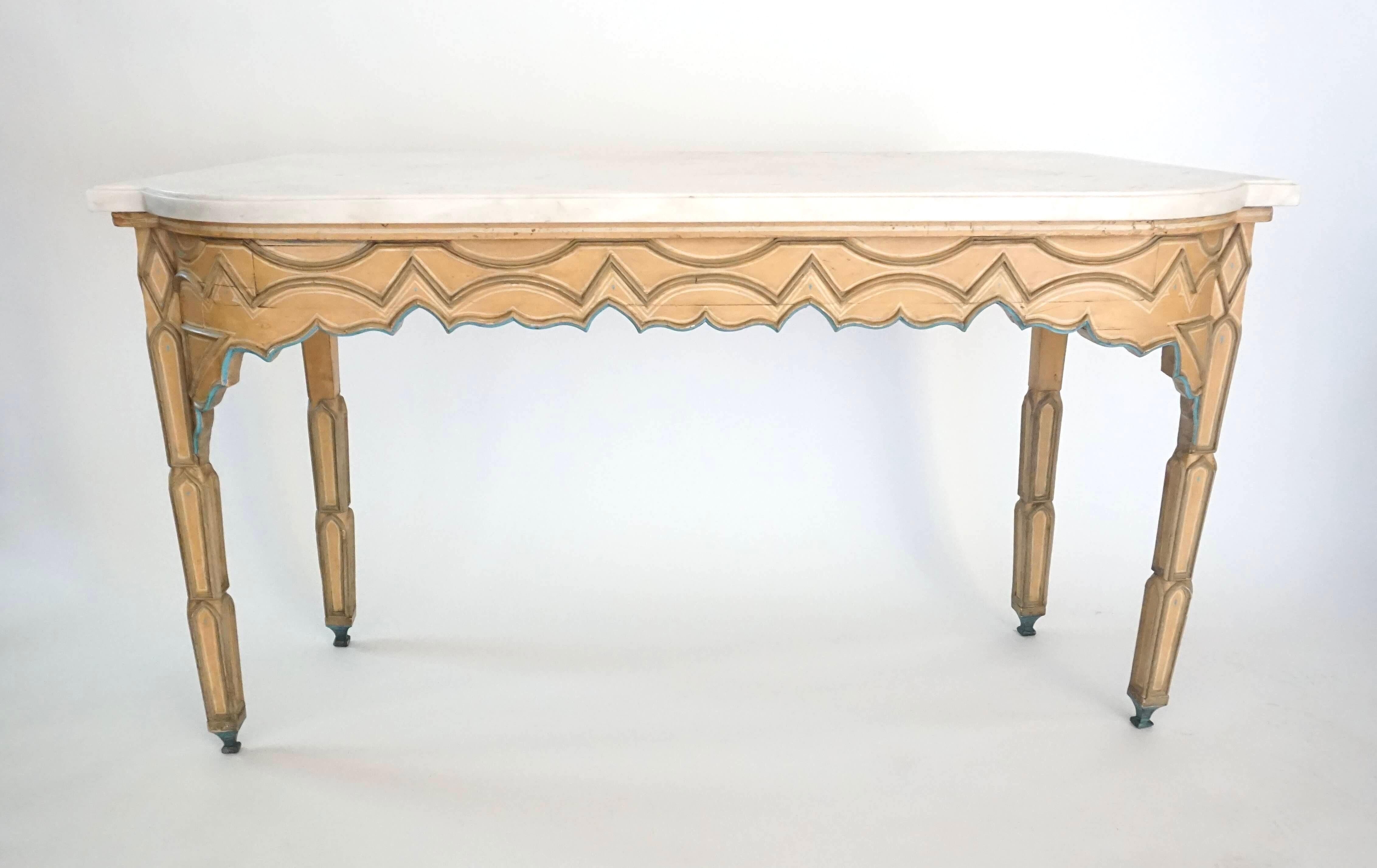Pair French Troubadour Gothic Polychrome Painted Marble Top Consoles, circa 1840 In Good Condition For Sale In Kinderhook, NY