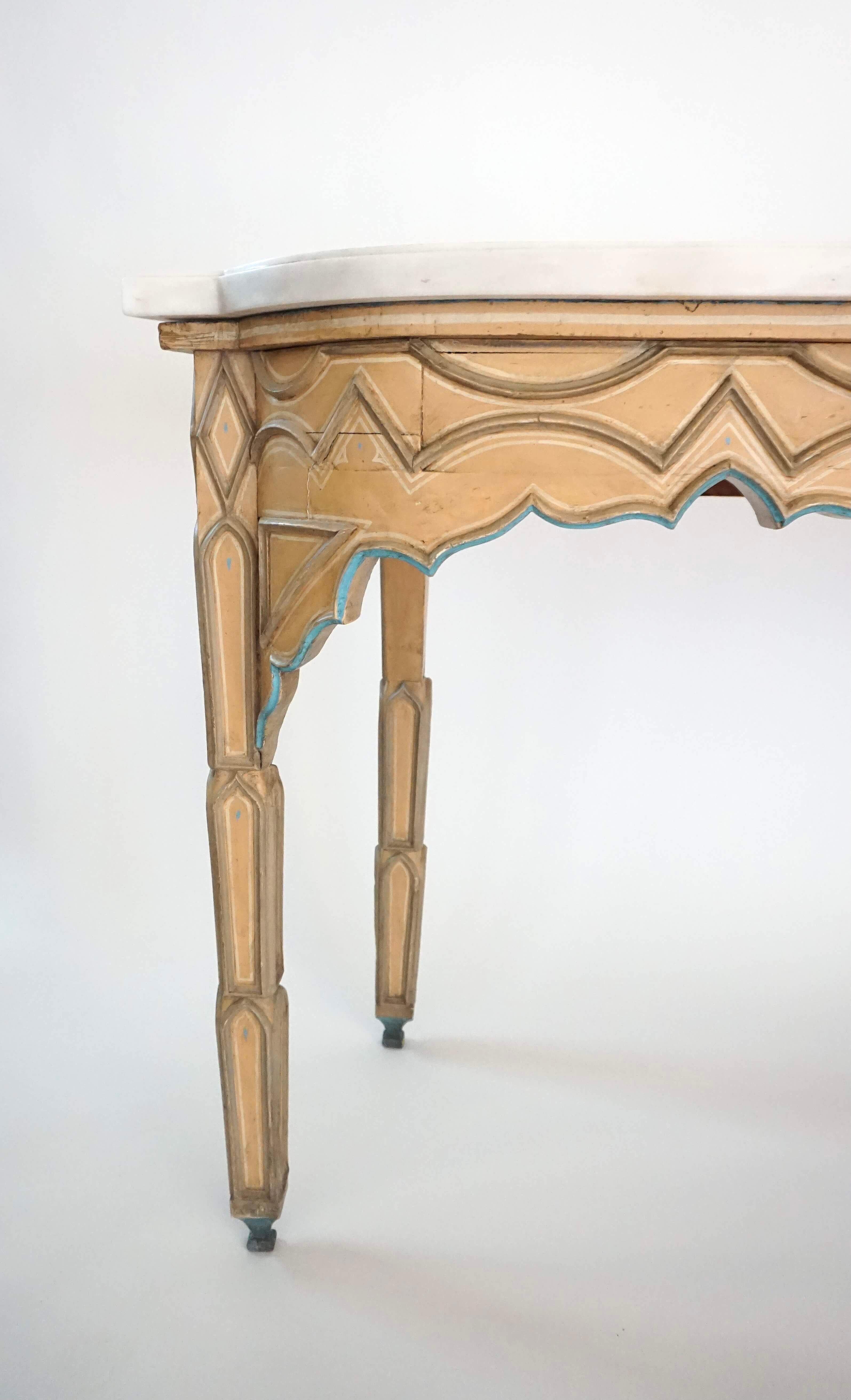 19th Century Pair French Troubadour Gothic Polychrome Painted Marble Top Consoles, circa 1840 For Sale