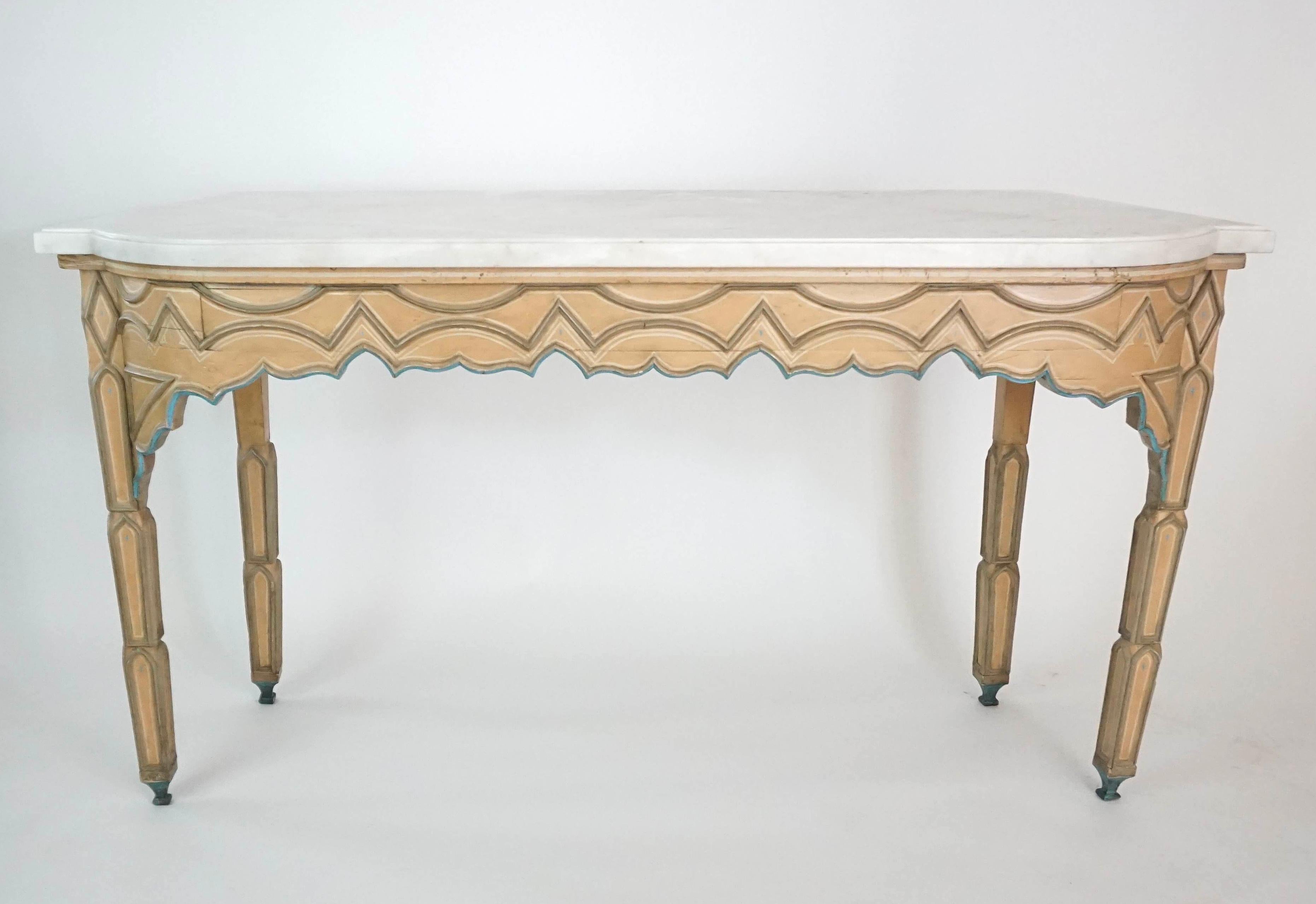 Carrara Marble Pair French Troubadour Gothic Polychrome Painted Marble Top Consoles, circa 1840 For Sale