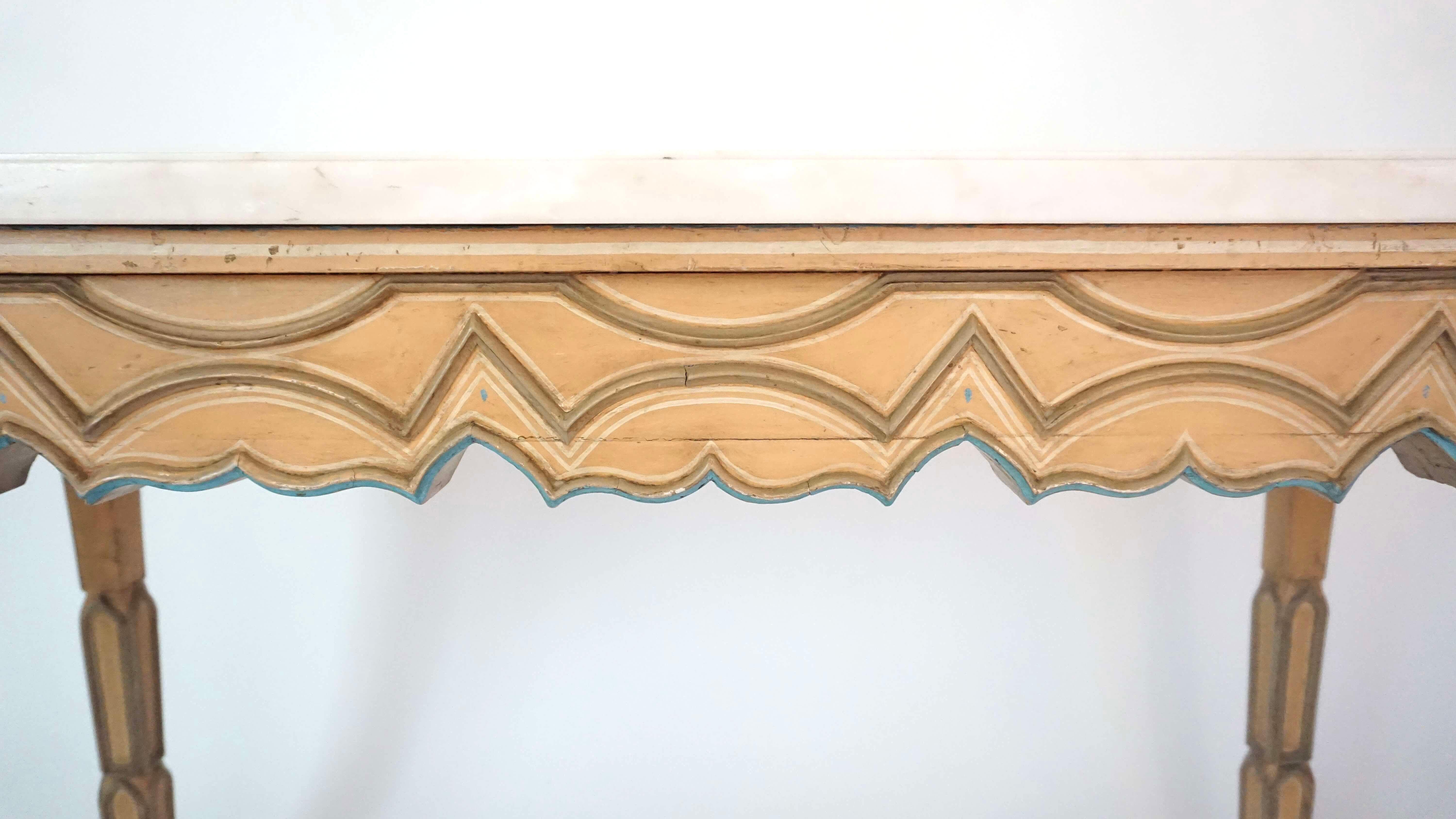 Pair French Troubadour Gothic Polychrome Painted Marble Top Consoles, circa 1840 For Sale 1