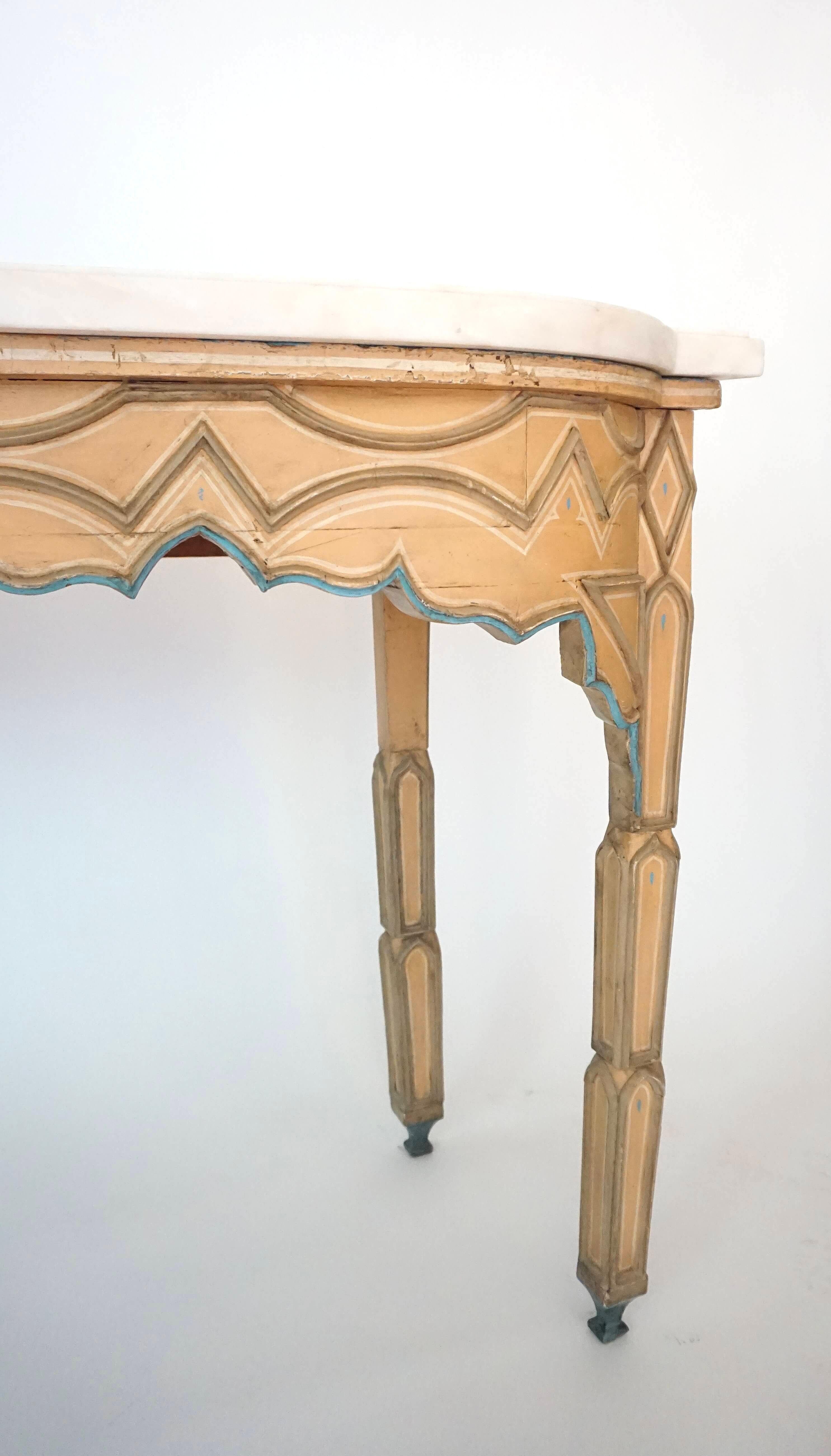Pair French Troubadour Gothic Polychrome Painted Marble Top Consoles, circa 1840 For Sale 2