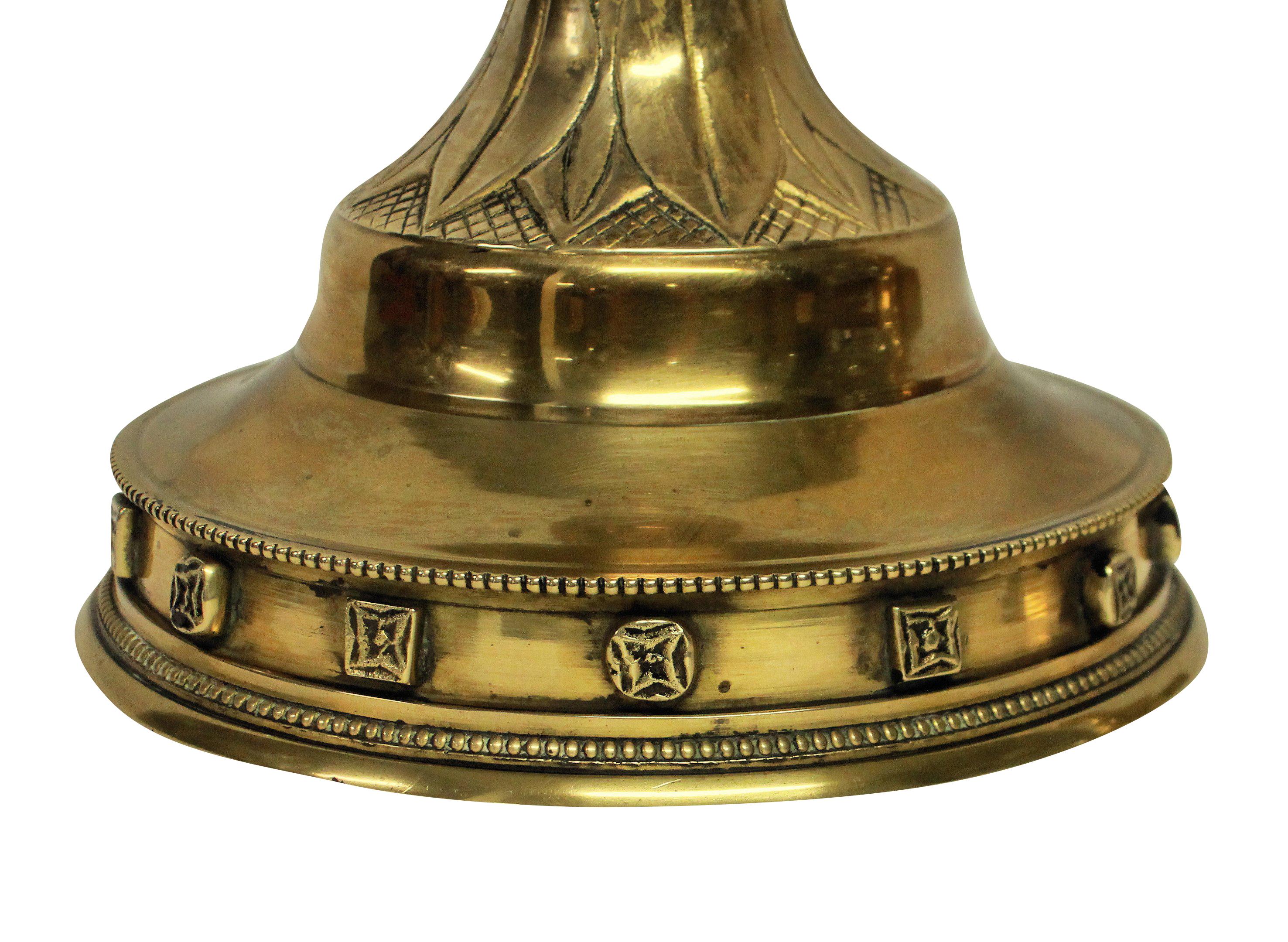 Pair of English Gothic Revival Gilt Brass Candlesticks In Good Condition In Kent, Dover