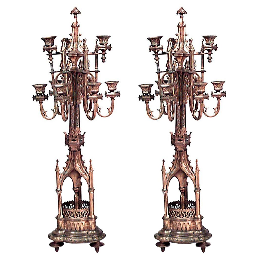 Pair of English Gothic Revival Gilt Bronze Candelabras For Sale