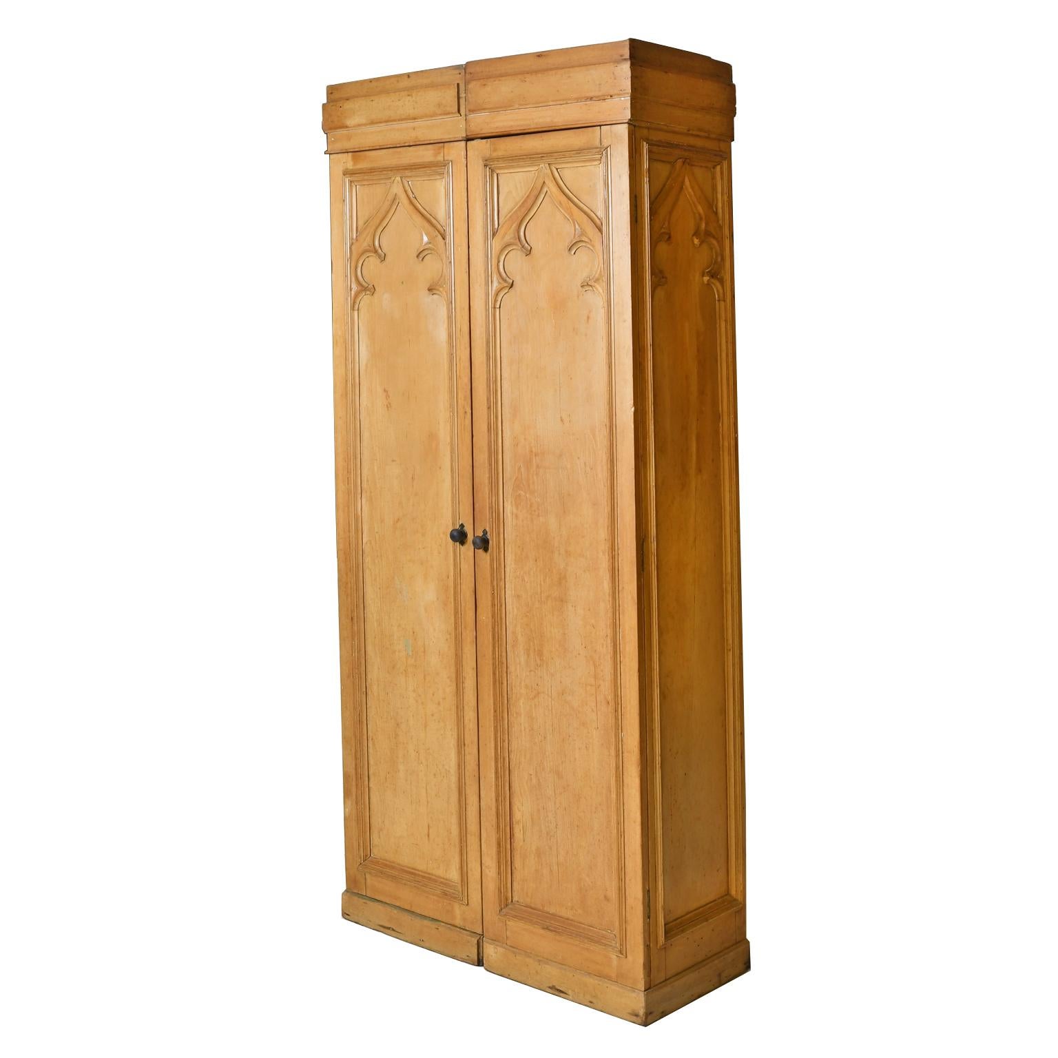 Gothic Revival Pair of Antique Narrow & Tall English Gothic-Revival Lockers in Pine