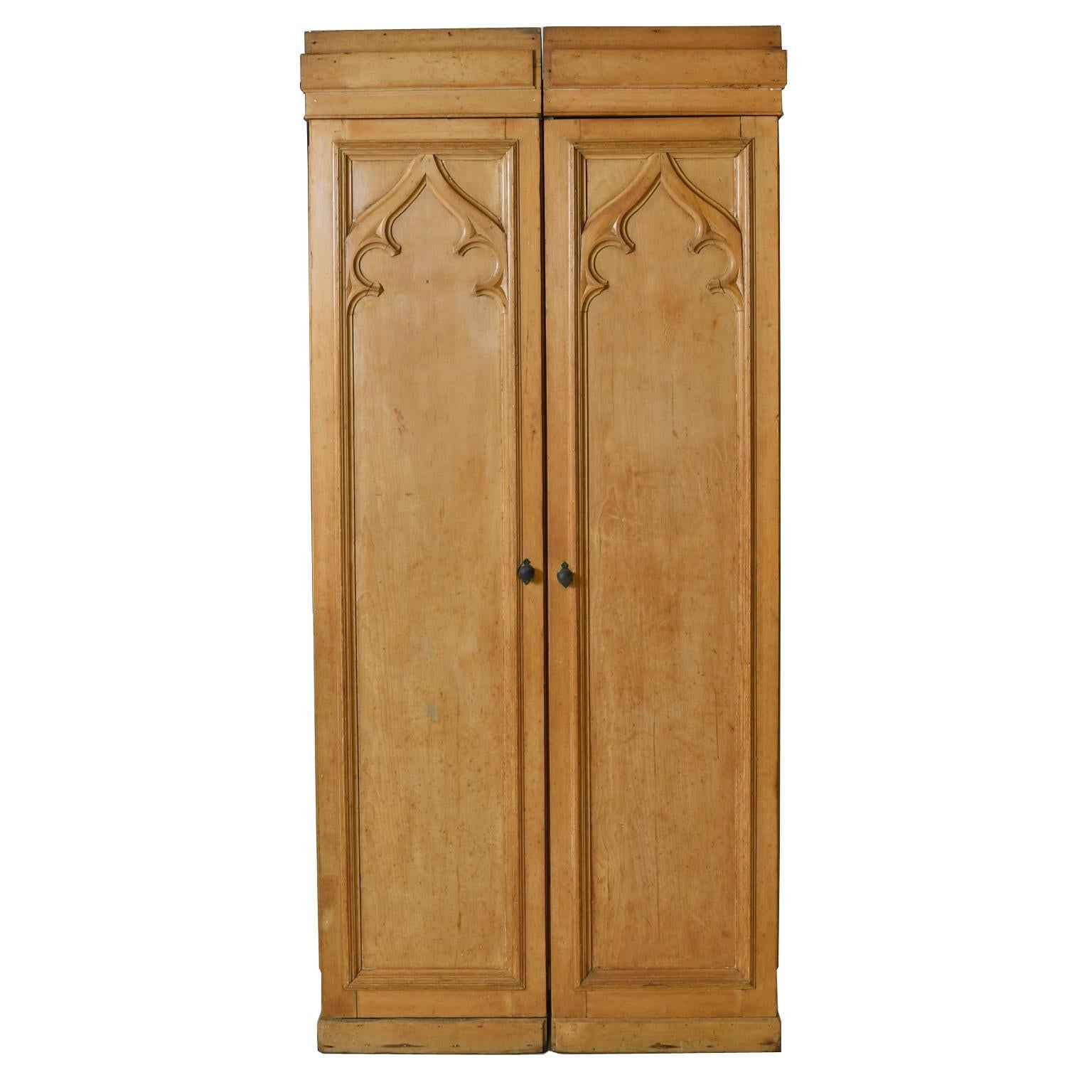 Pair of Antique Narrow & Tall English Gothic-Revival Lockers in Pine