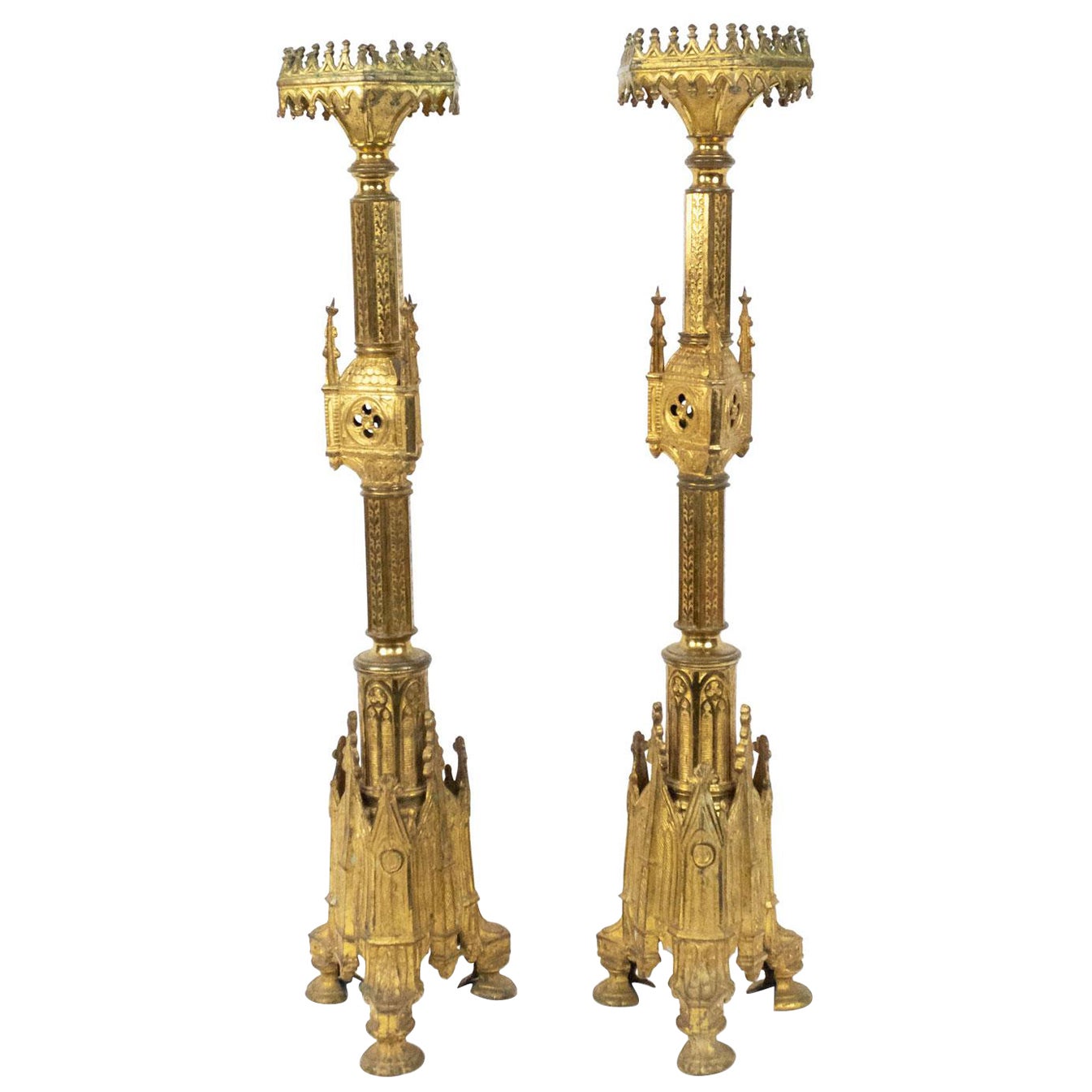 Pair of English Gothic Revival Style Bronze Altar Candlesticks