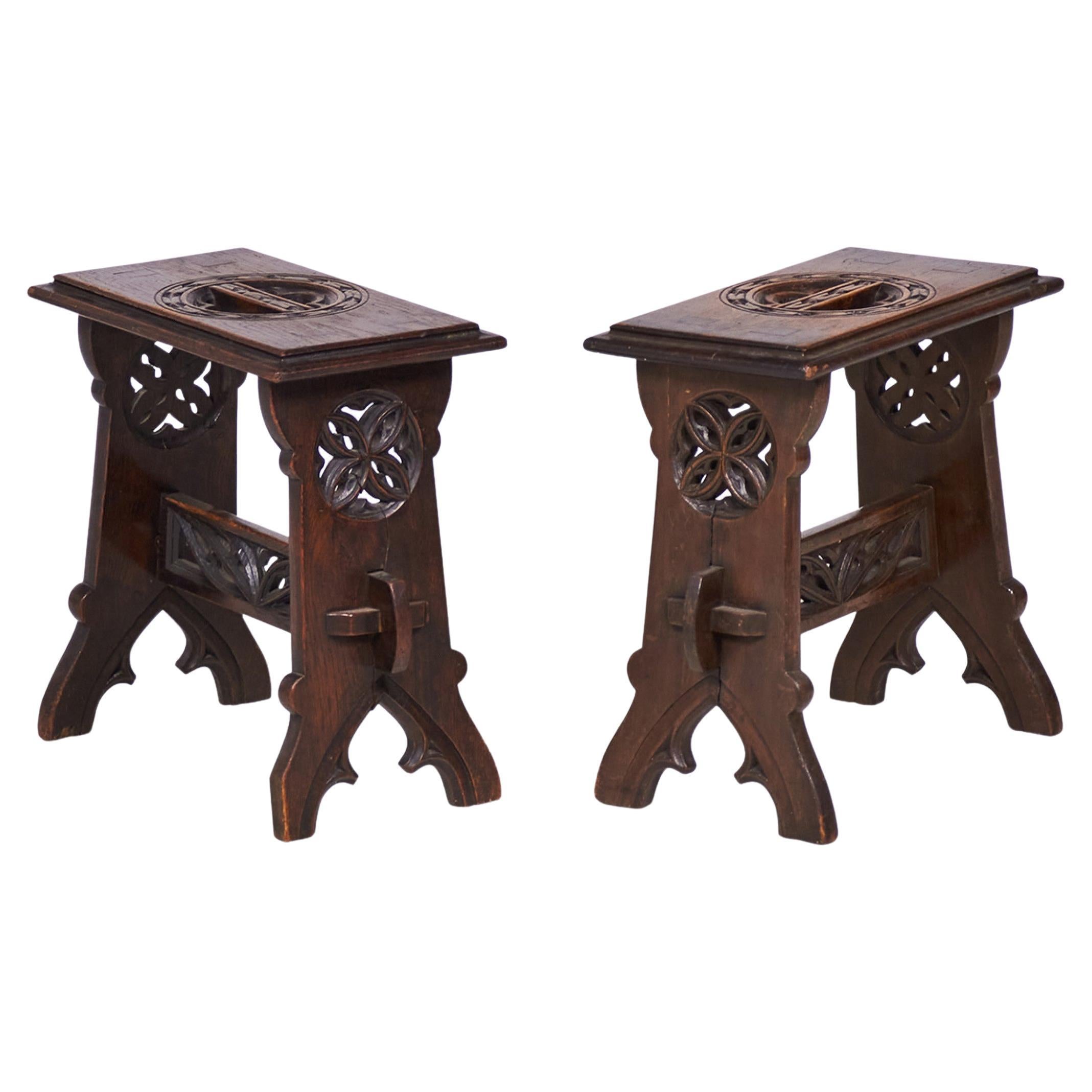 Pair of English Gothic Style Carved Rectangular Mahogany Benches For Sale