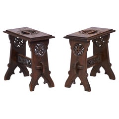 Pair of English Gothic Style Carved Rectangular Mahogany Benches