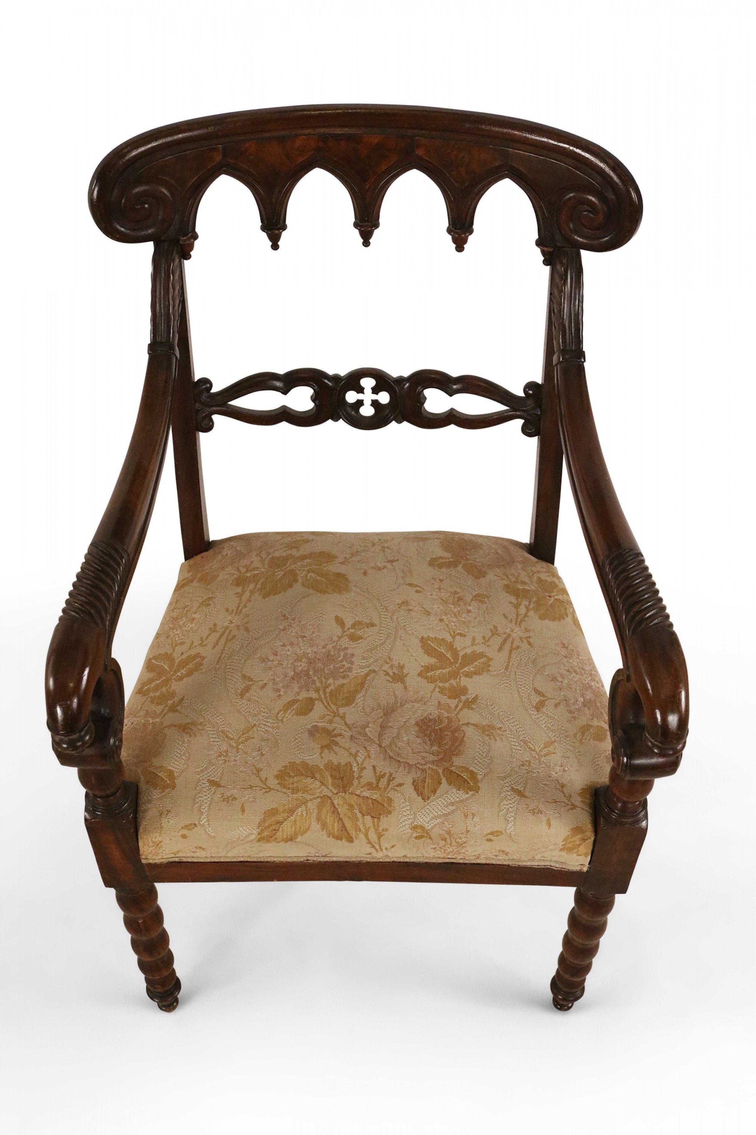Pair of English Gothic Style Mahogany and Gold Damask Armchairs In Good Condition For Sale In New York, NY
