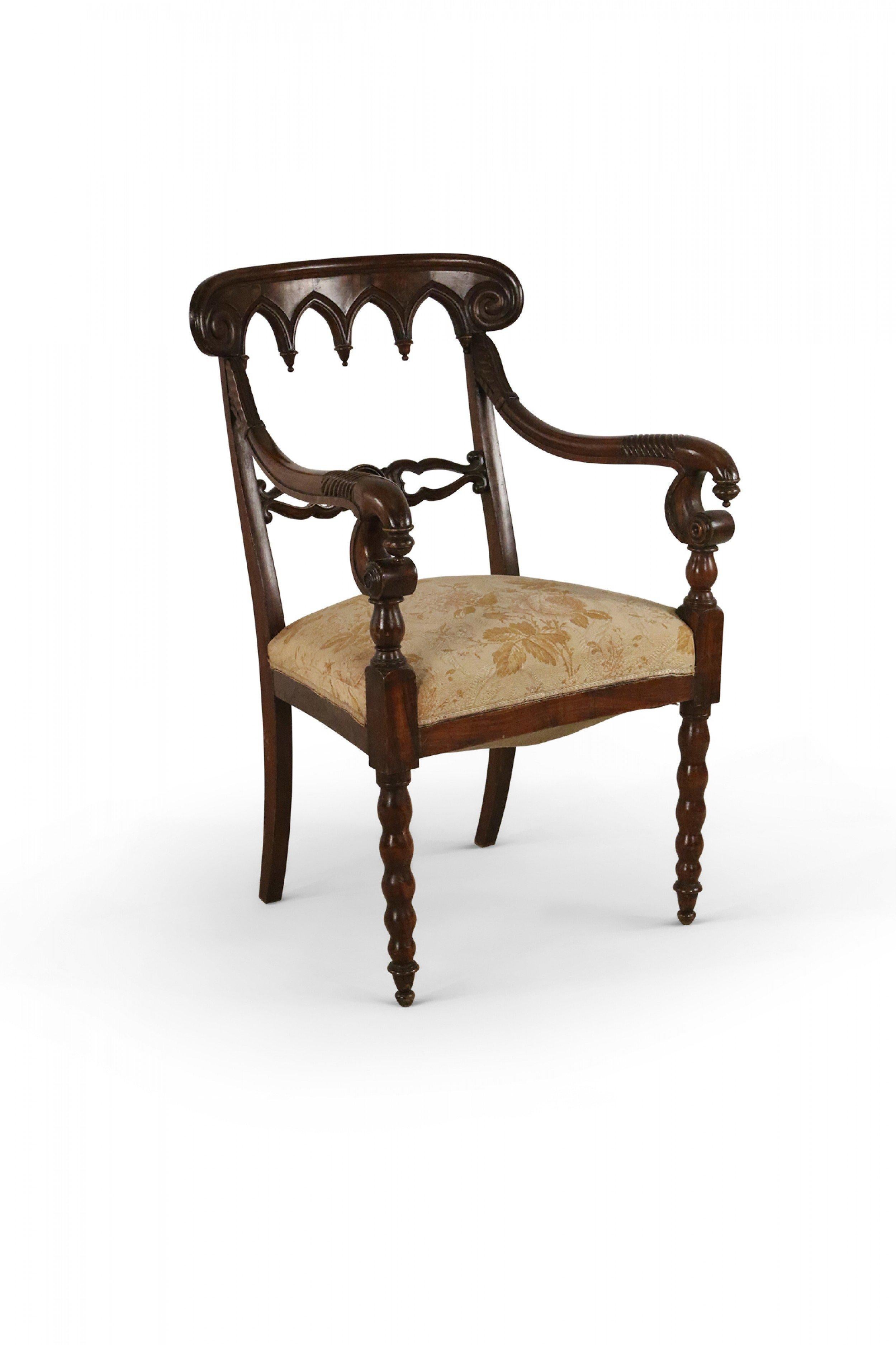 Pair of English Gothic Style Mahogany and Gold Damask Armchairs For Sale 2