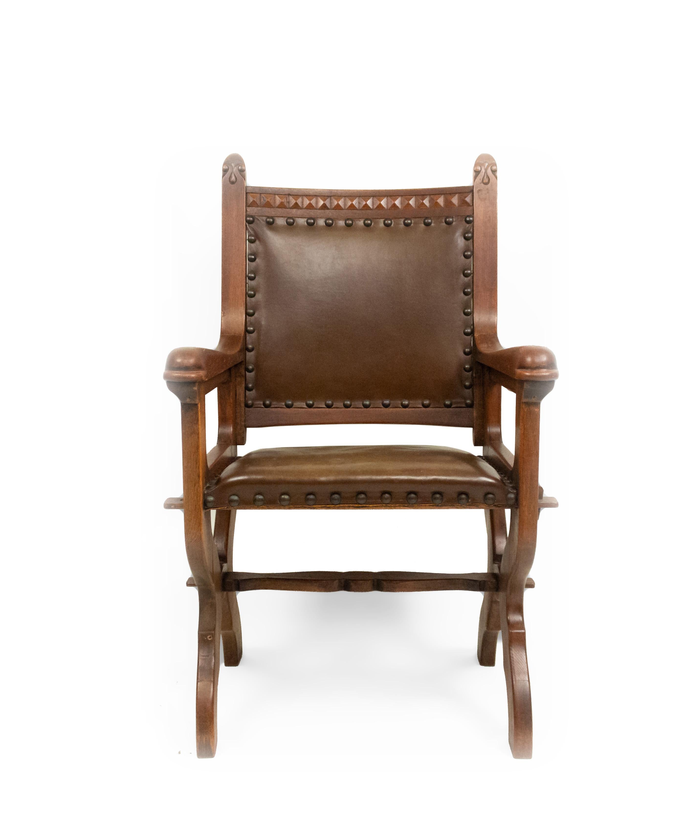 Arts and Crafts Pair of English Gothic Walnut and Leather Armchairs For Sale