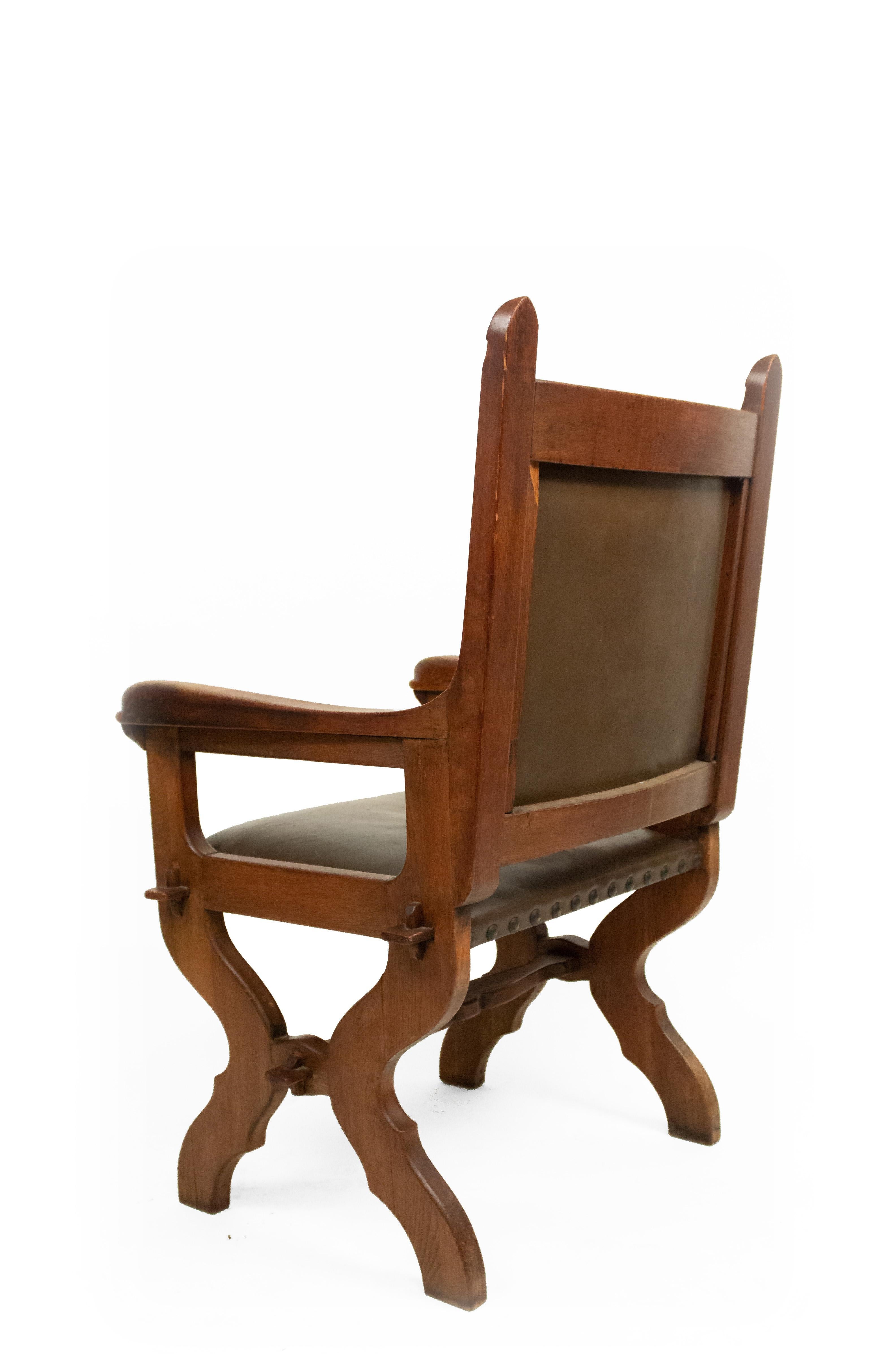 19th Century Pair of English Gothic Walnut and Leather Armchairs For Sale