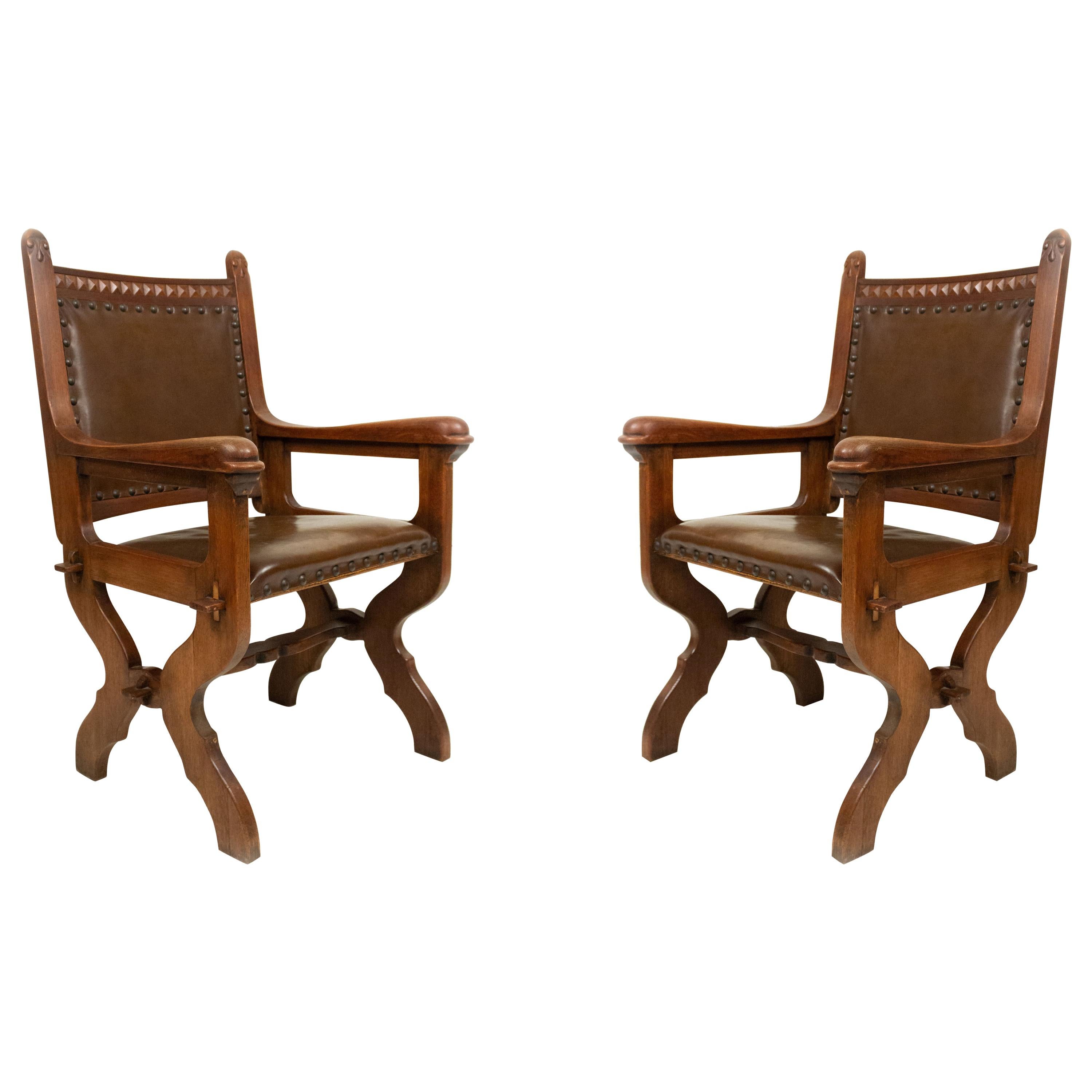 Pair of English Gothic Walnut and Leather Armchairs For Sale