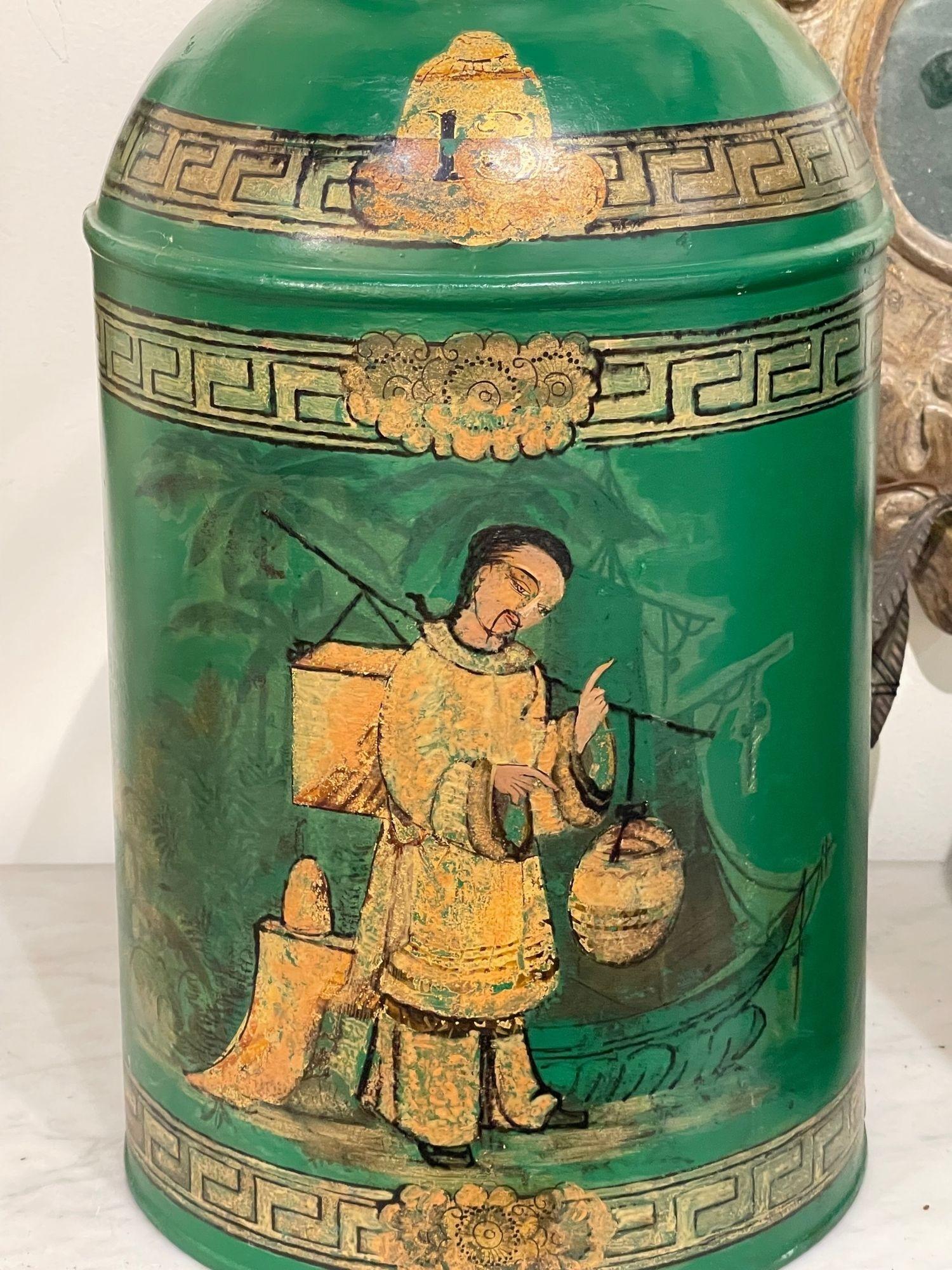 Pair of English Green Chinoiserie Tea Cans In Good Condition In Dallas, TX