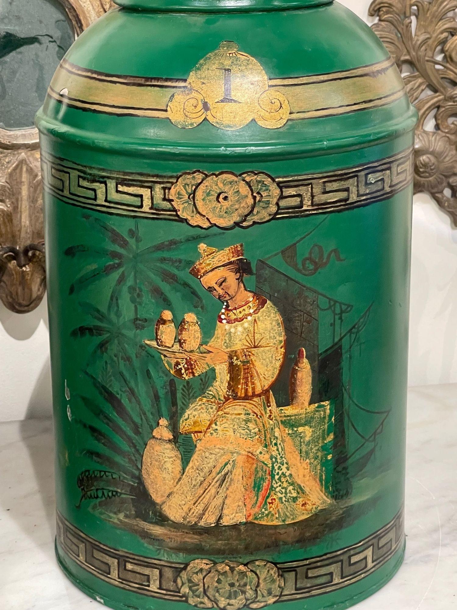19th Century Pair of English Green Chinoiserie Tea Cans