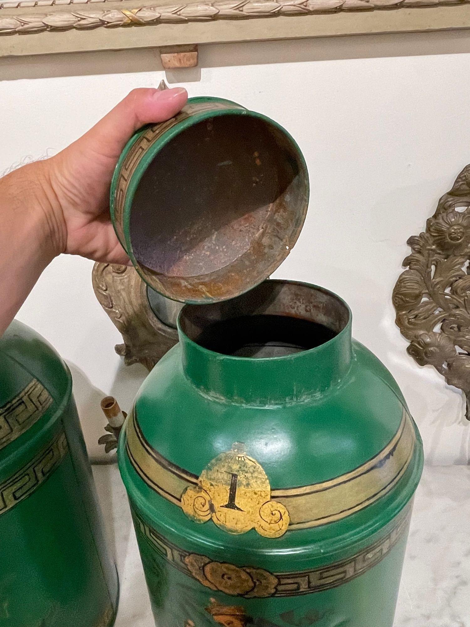 Metal Pair of English Green Chinoiserie Tea Cans