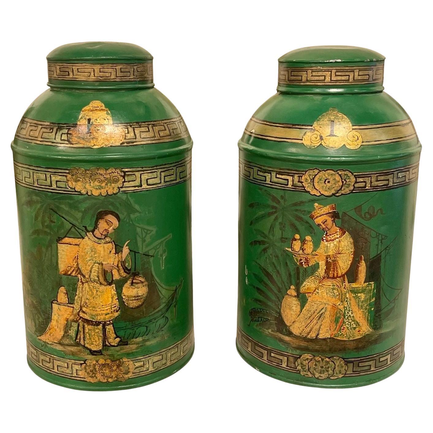 Pair of English Green Chinoiserie Tea Cans