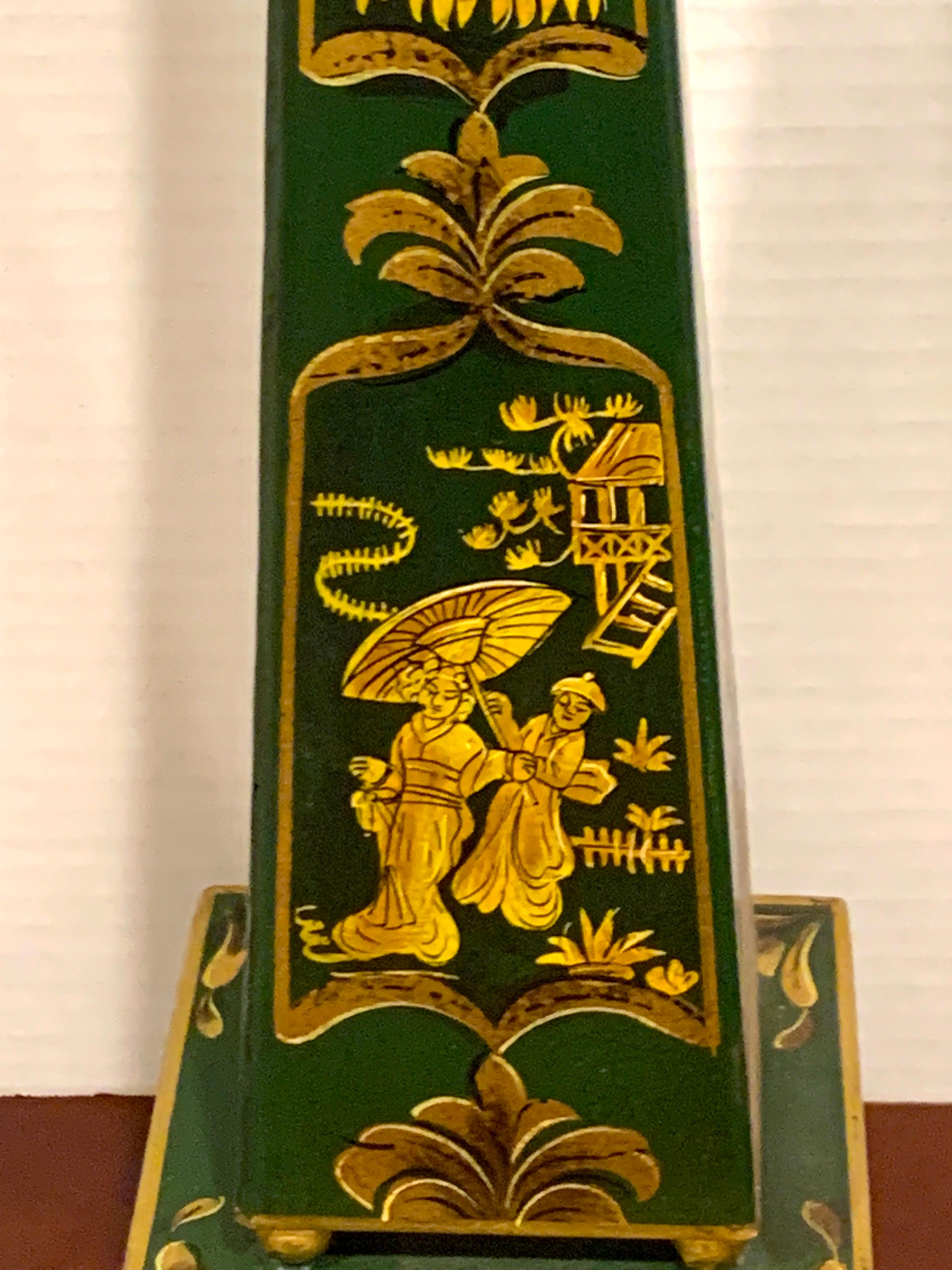 Pair of English Green Tole Gilt Chinoiserie Obelisks For Sale 3