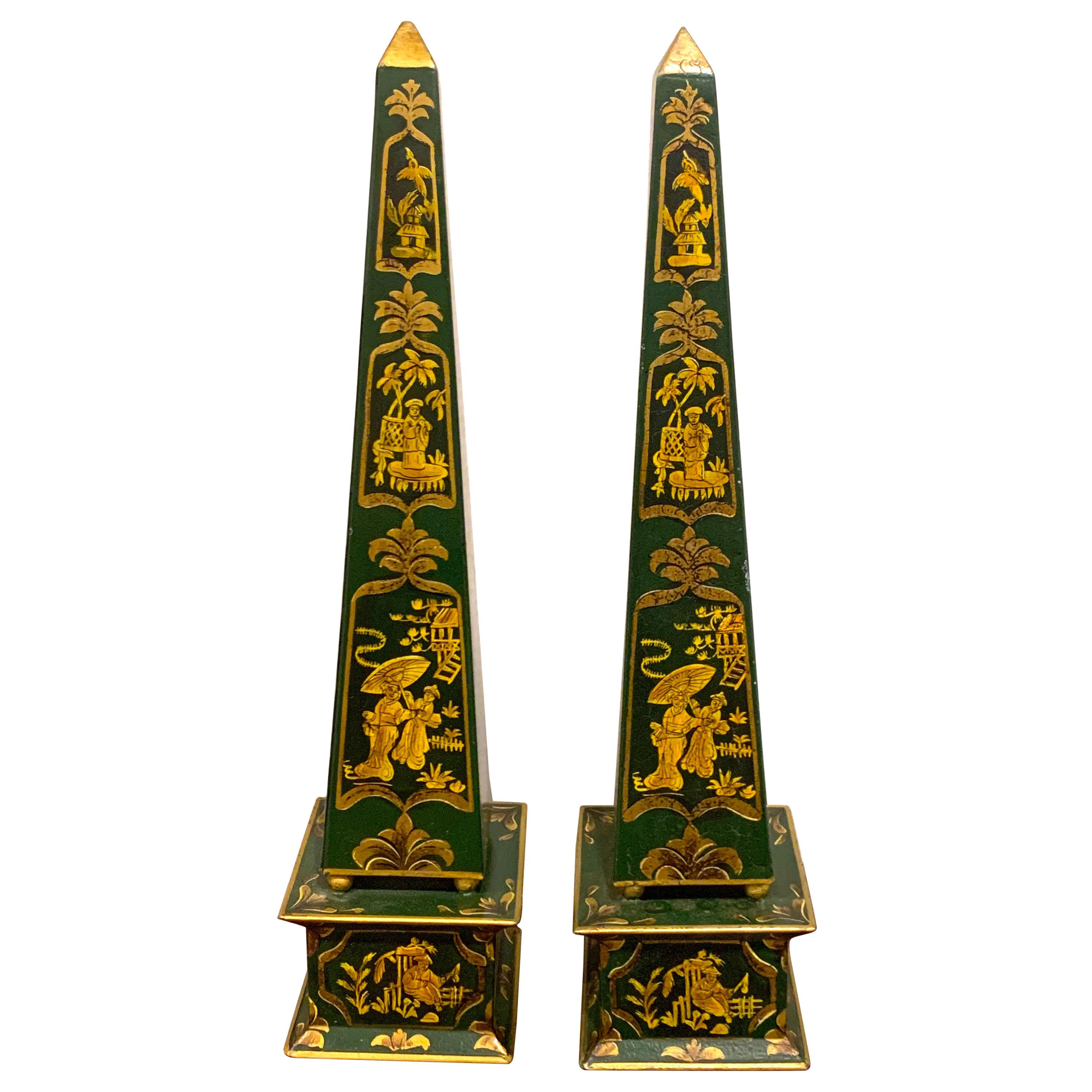 Pair of English Green Tole Gilt Chinoiserie Obelisks For Sale