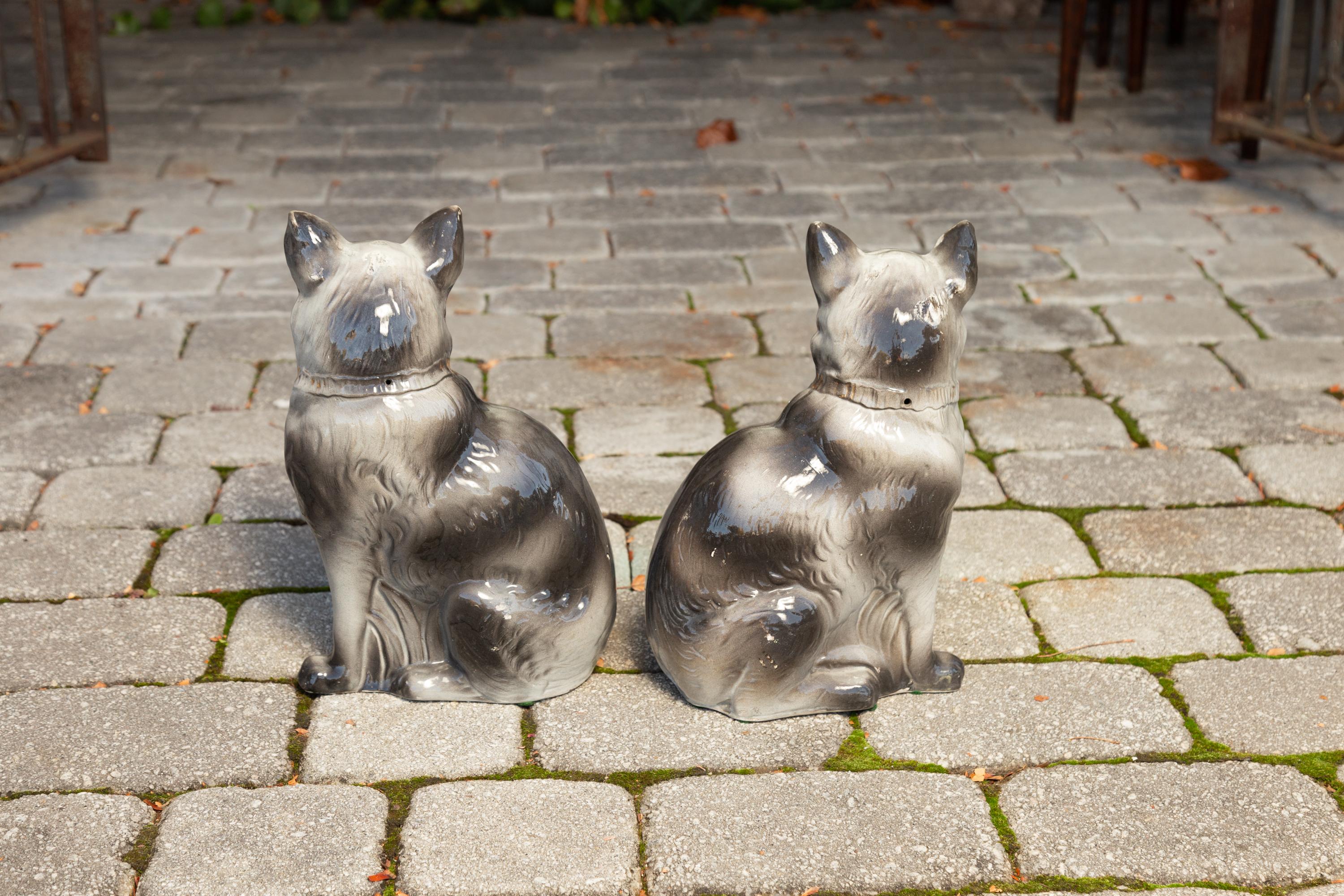 Pair of English Grey Staffordshire Cats from the Late Victorian Era, circa 1880 4