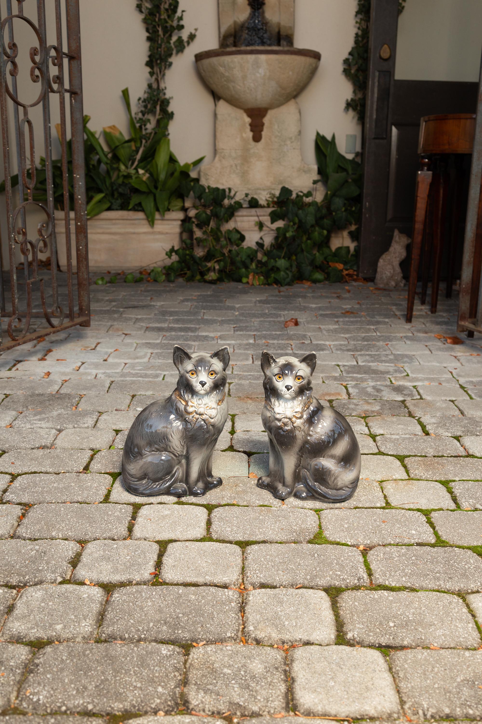 Pair of English Grey Staffordshire Cats from the Late Victorian Era, circa 1880 7