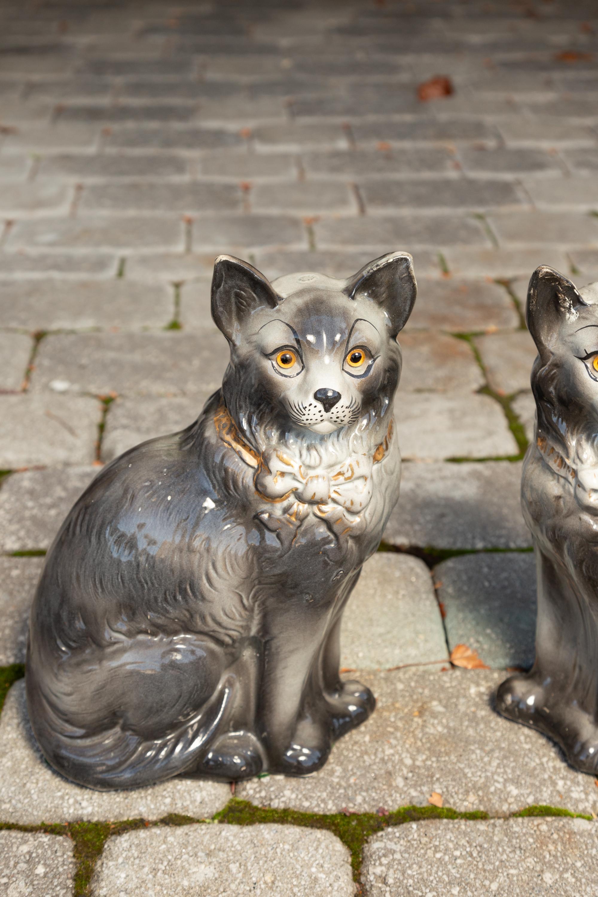 Pair of English Grey Staffordshire Cats from the Late Victorian Era, circa 1880 8
