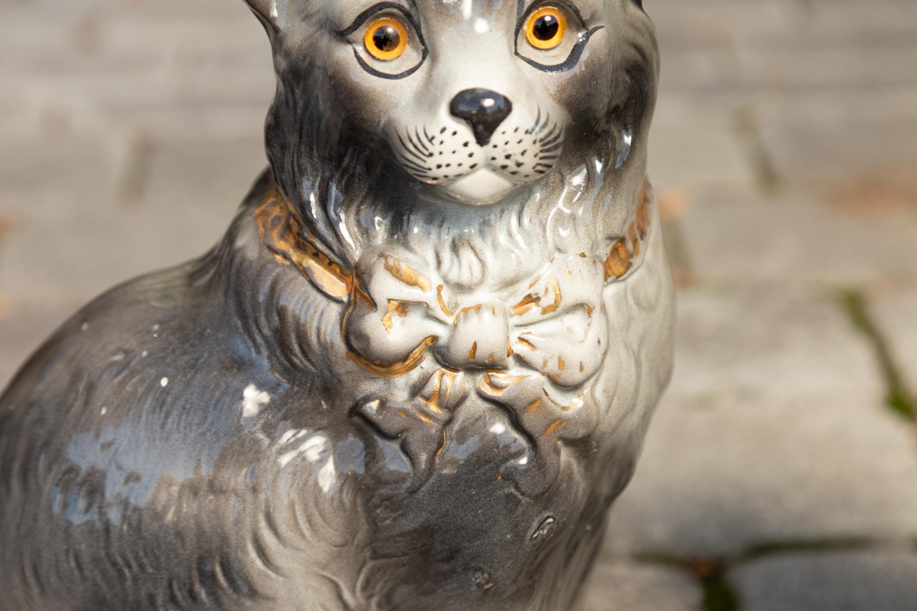 19th Century Pair of English Grey Staffordshire Cats from the Late Victorian Era, circa 1880