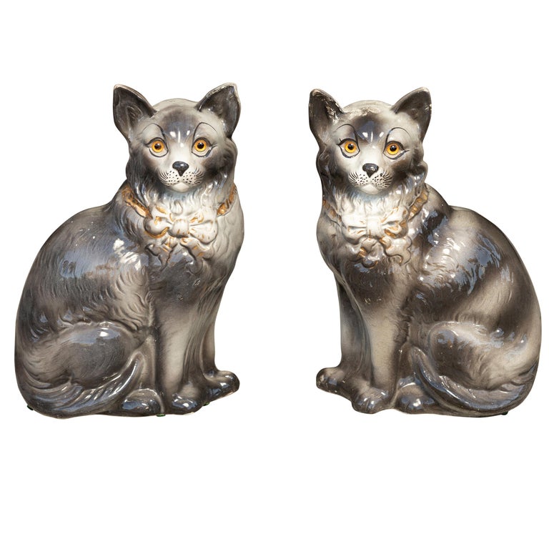 Pair of English Grey Staffordshire Cats from the Late Victorian Era, circa 1880 at 1stDibs