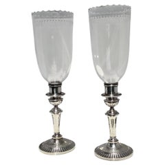Pair of English Hand Chased Silver Plated with Glass Hurricanes by Folgate