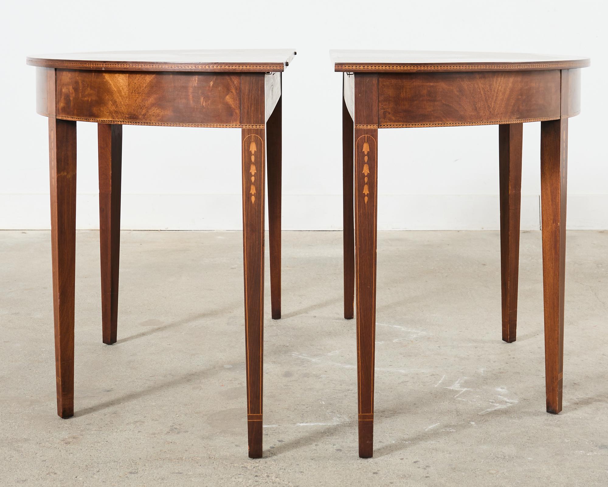Pair of English Hepplewhite Style Demi-Lune Console Tables For Sale 4