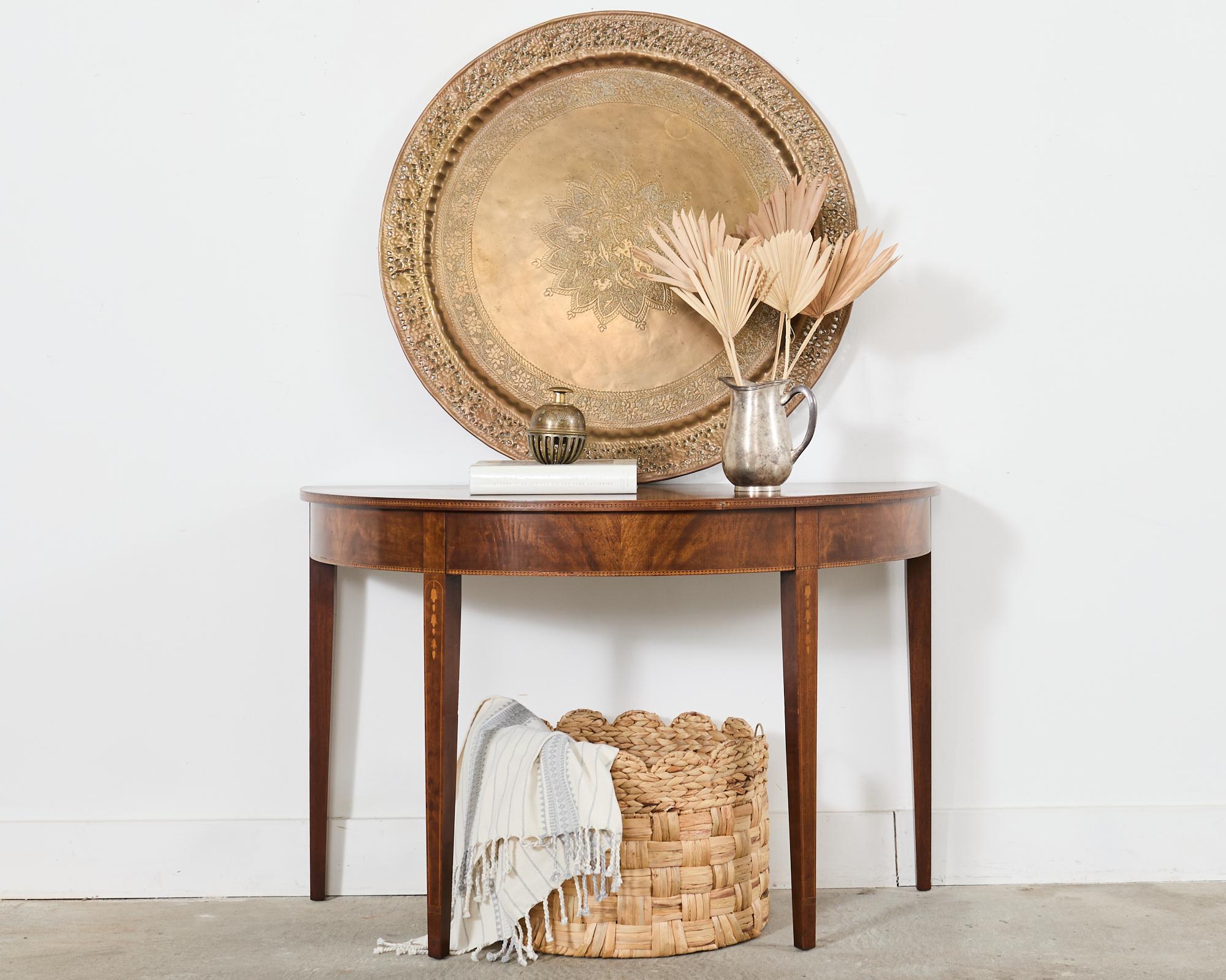 Pair of English Hepplewhite Style Demi-Lune Console Tables For Sale 6