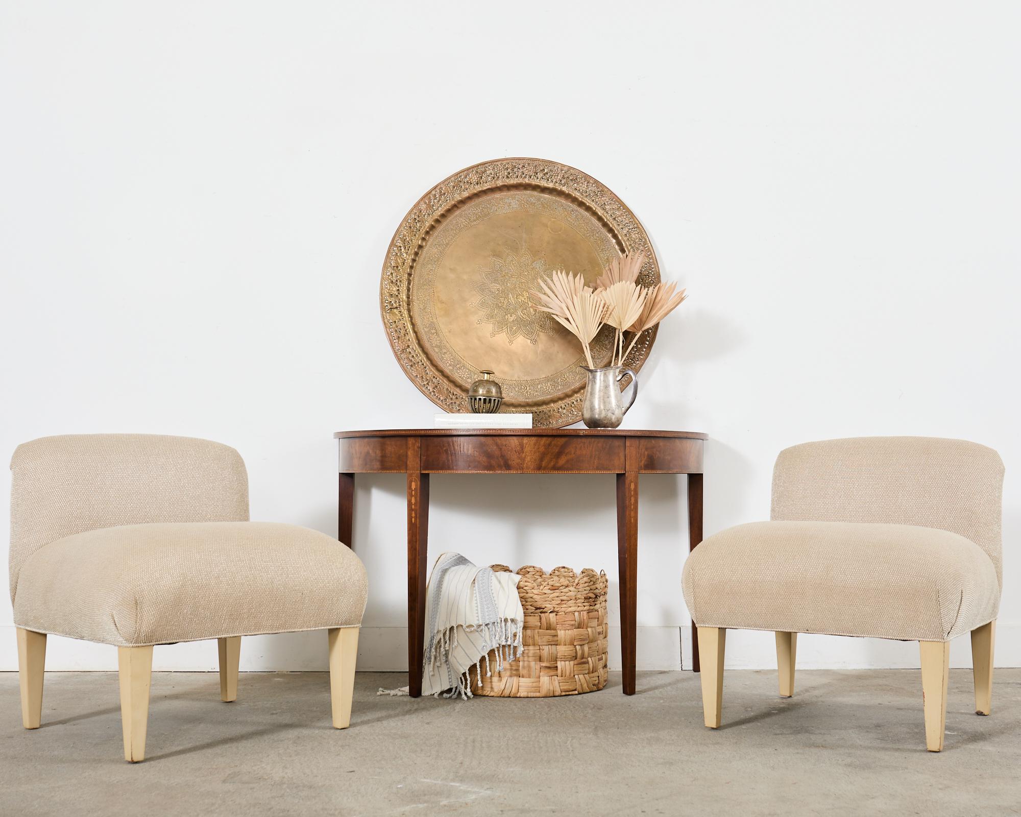 Veneer Pair of English Hepplewhite Style Demi-Lune Console Tables For Sale