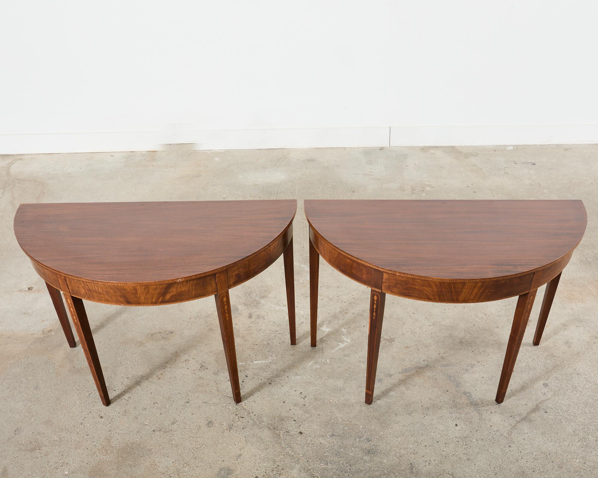 Pair of English Hepplewhite Style Demi-Lune Console Tables In Good Condition For Sale In Rio Vista, CA