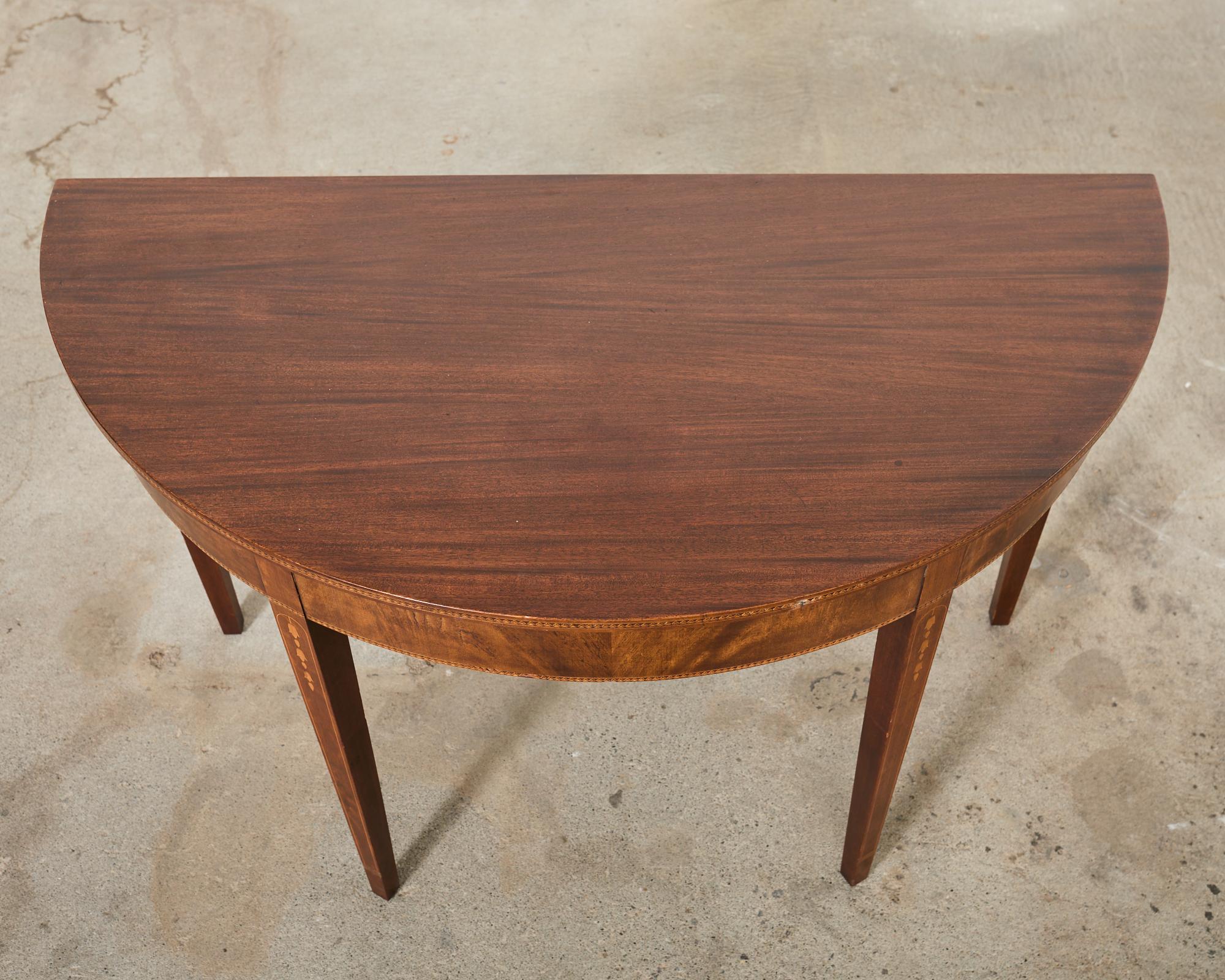 Wood Pair of English Hepplewhite Style Demi-Lune Console Tables For Sale