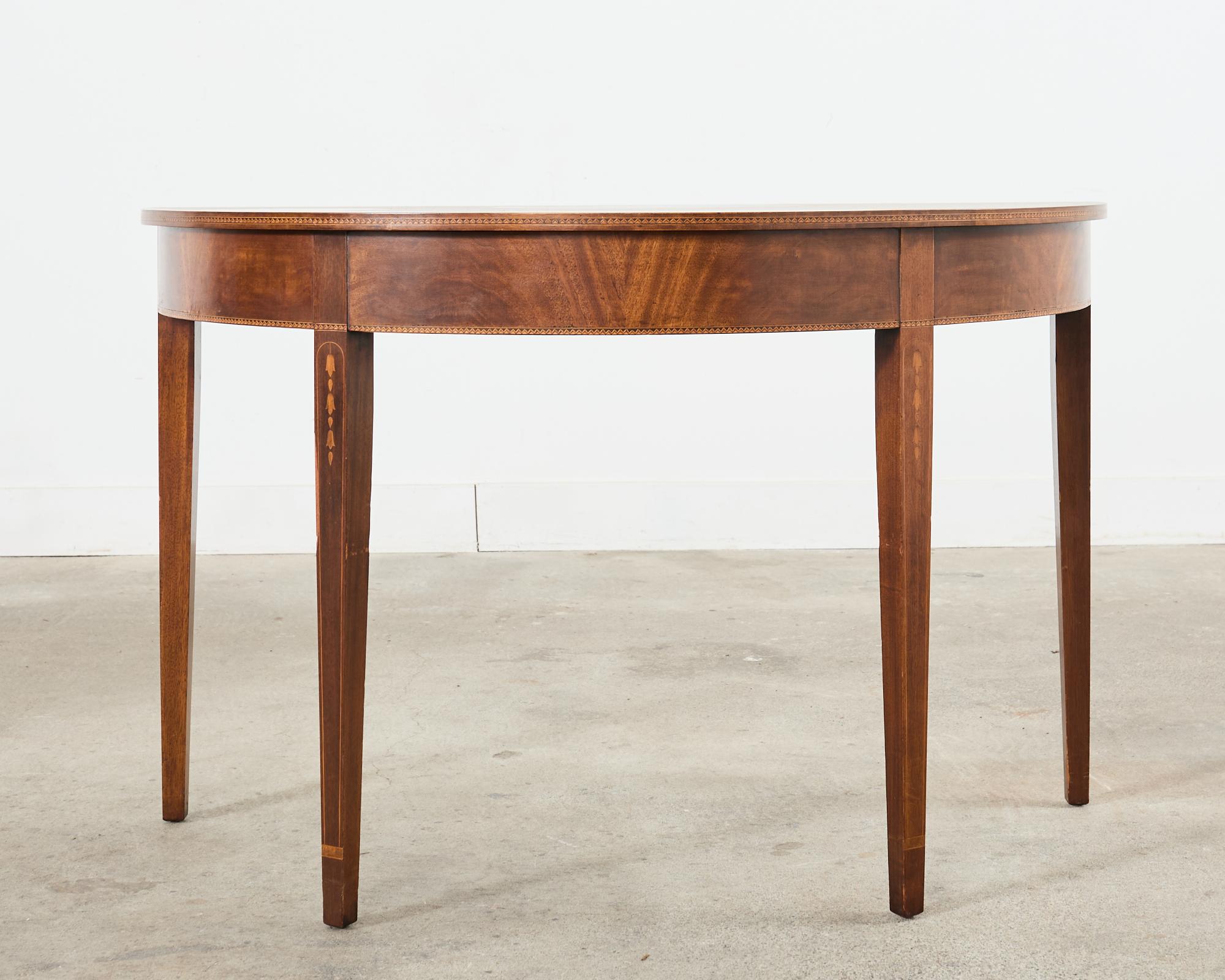 Pair of English Hepplewhite Style Demi-Lune Console Tables For Sale 1