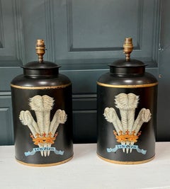 Pair of English Heraldic Black Toleware Table Lamps with Prince of Wales Feather