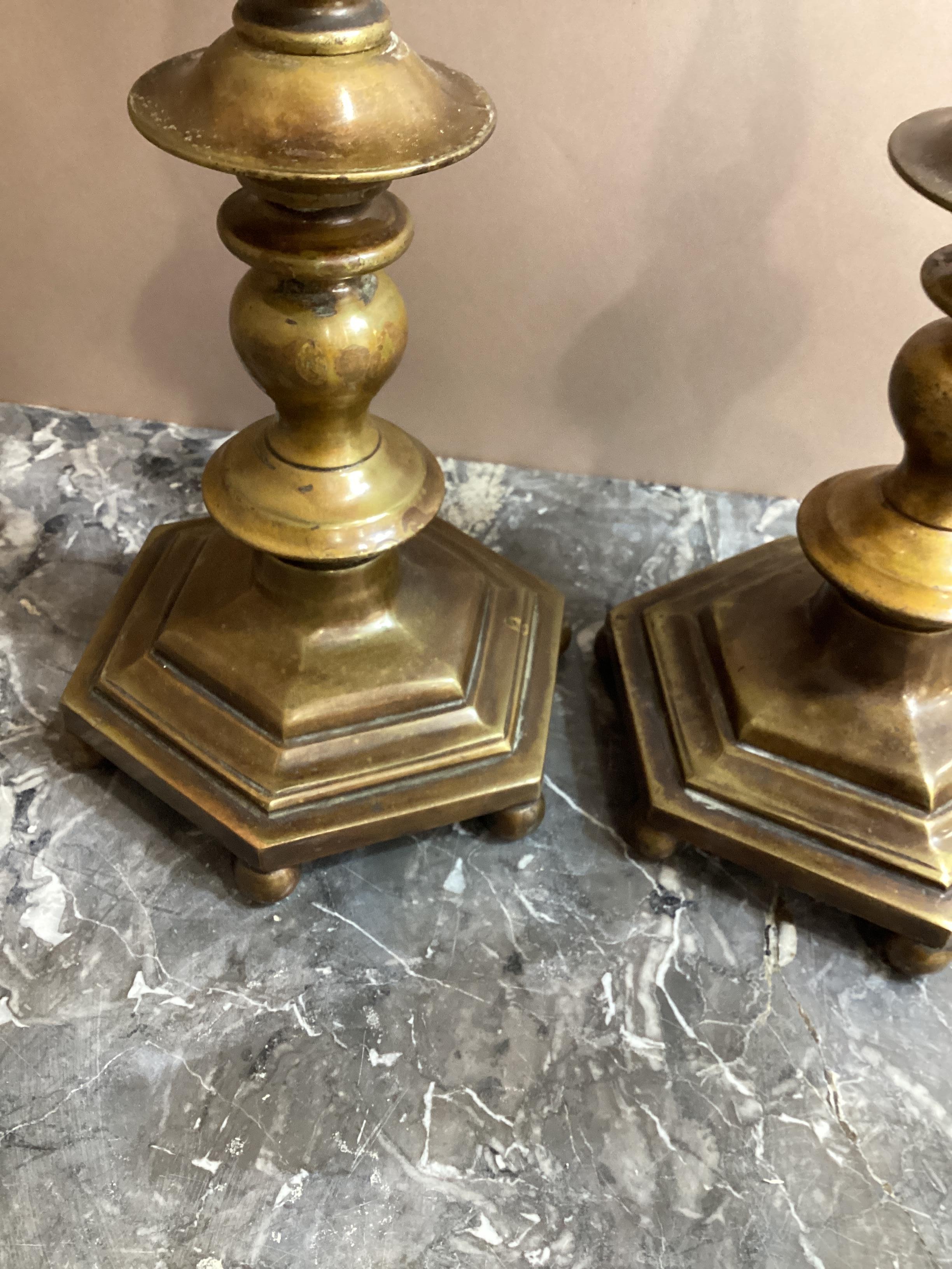 20th Century Pair of English Hexagonal Base Brass Candlesticks  For Sale