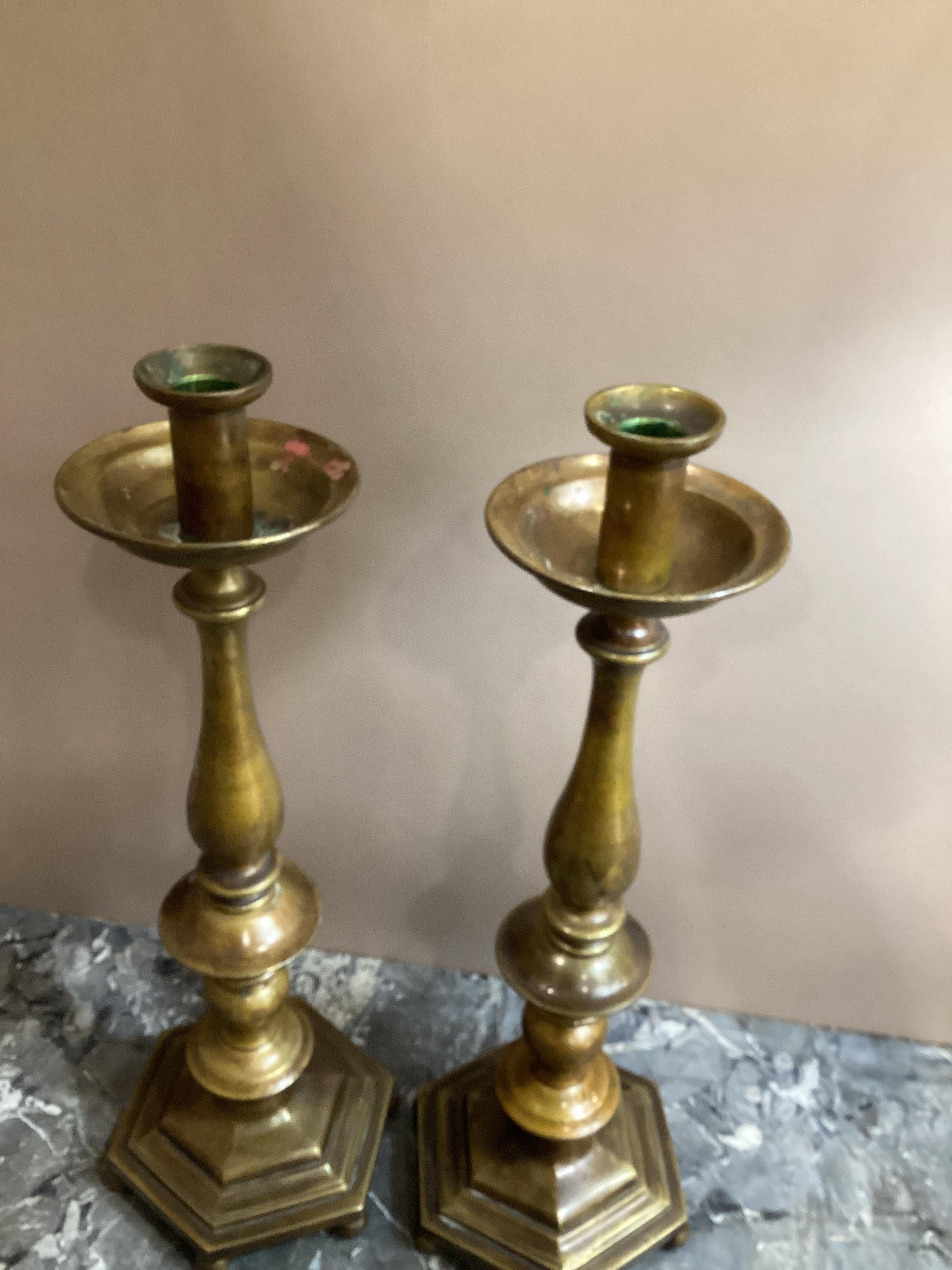 Pair of English Hexagonal Base Brass Candlesticks  For Sale 2