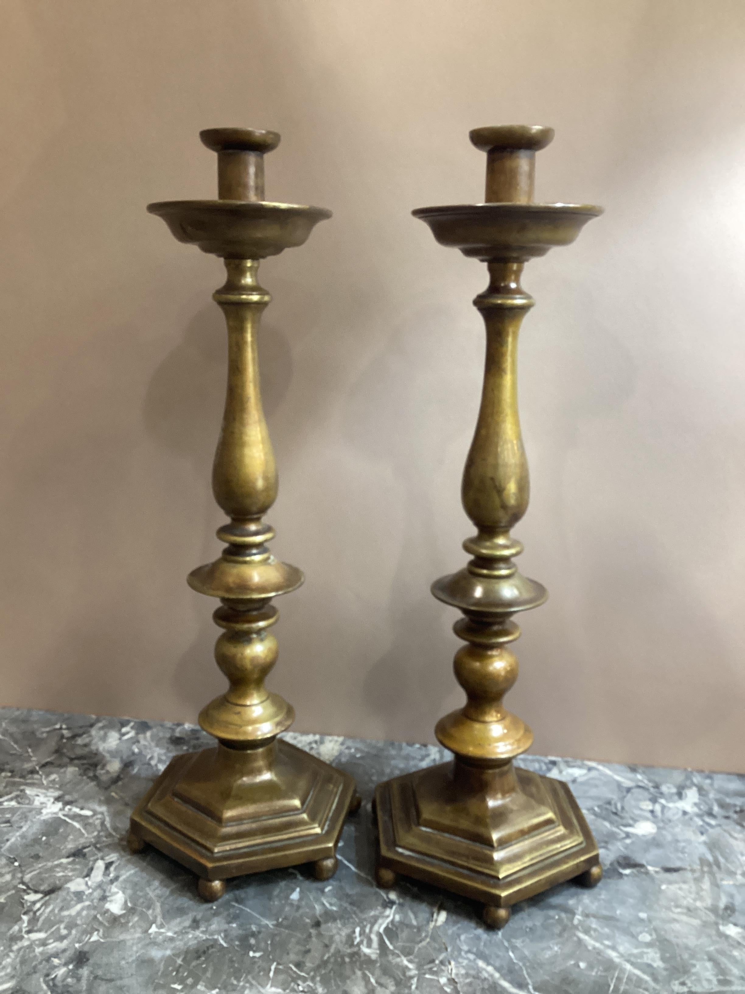 Pair of English Hexagonal Base Brass Candlesticks  For Sale 3