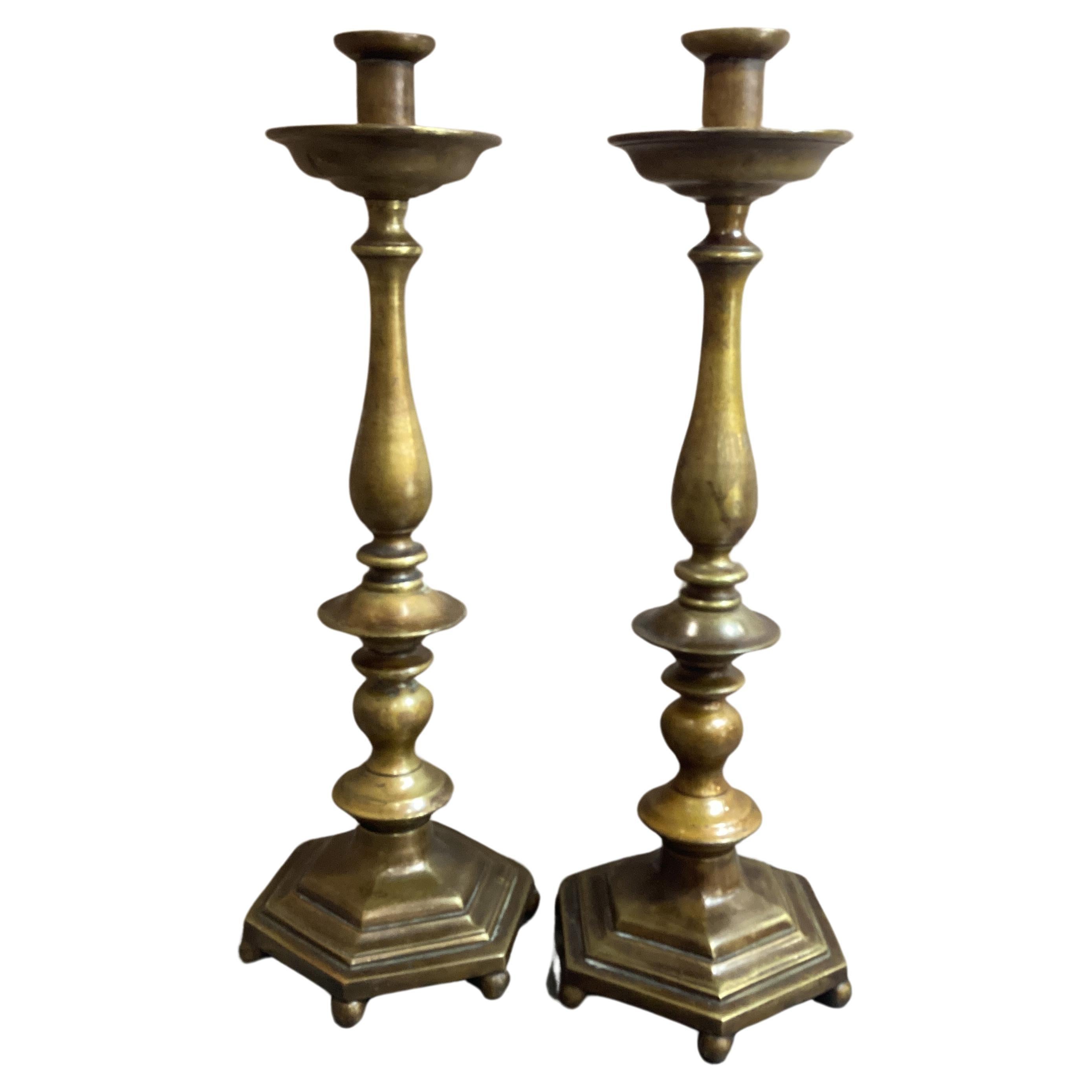 Pair of English Hexagonal Base Brass Candlesticks 