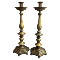 Antique Pair of English Hexagonal Base Brass Candlesticks 