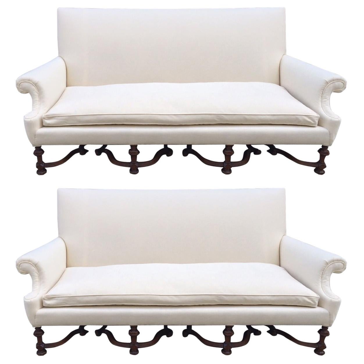 Pair of English High Back Antique Walnut Sofas in Linen