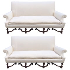 Pair of English High Back Antique Walnut Sofas in Linen