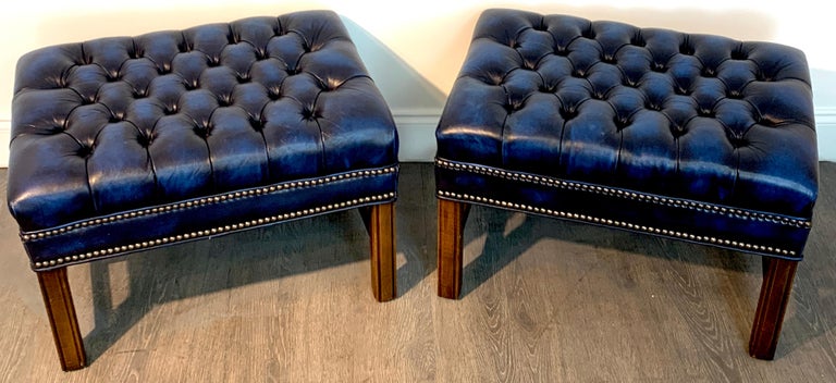 Pair of English Hollywood Regency Blue Leather Chesterfield Benches ...
