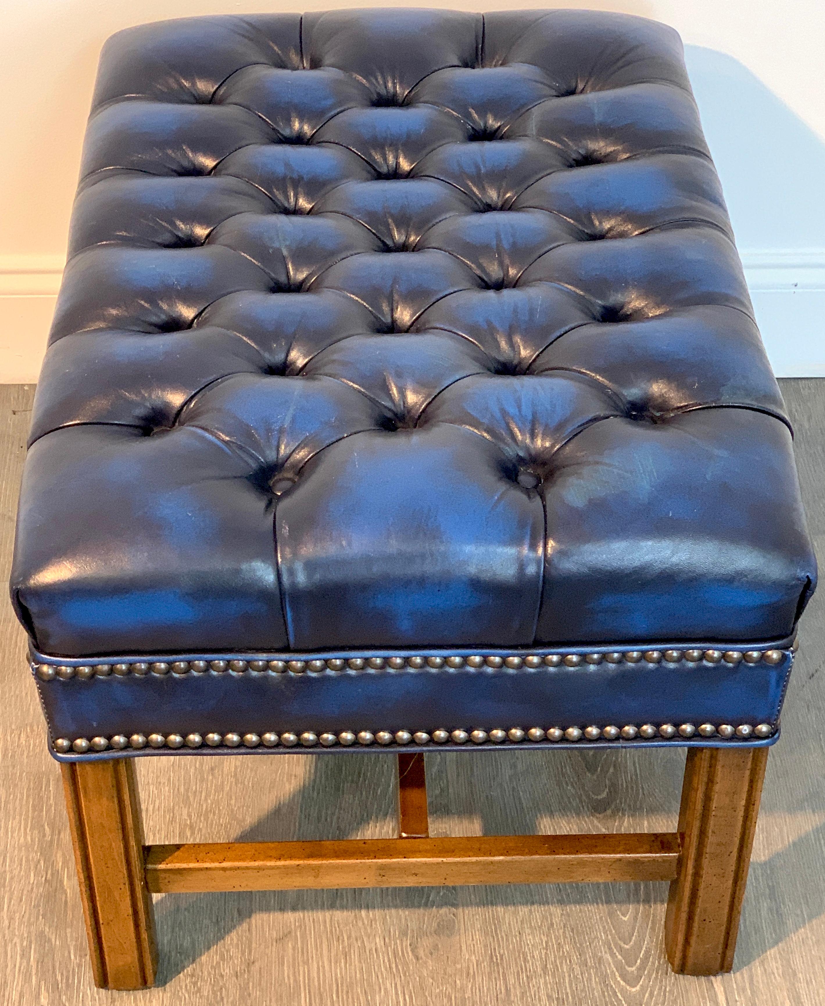 Pair of English Hollywood Regency Blue Leather Chesterfield Benches/Ottomans In Good Condition In West Palm Beach, FL