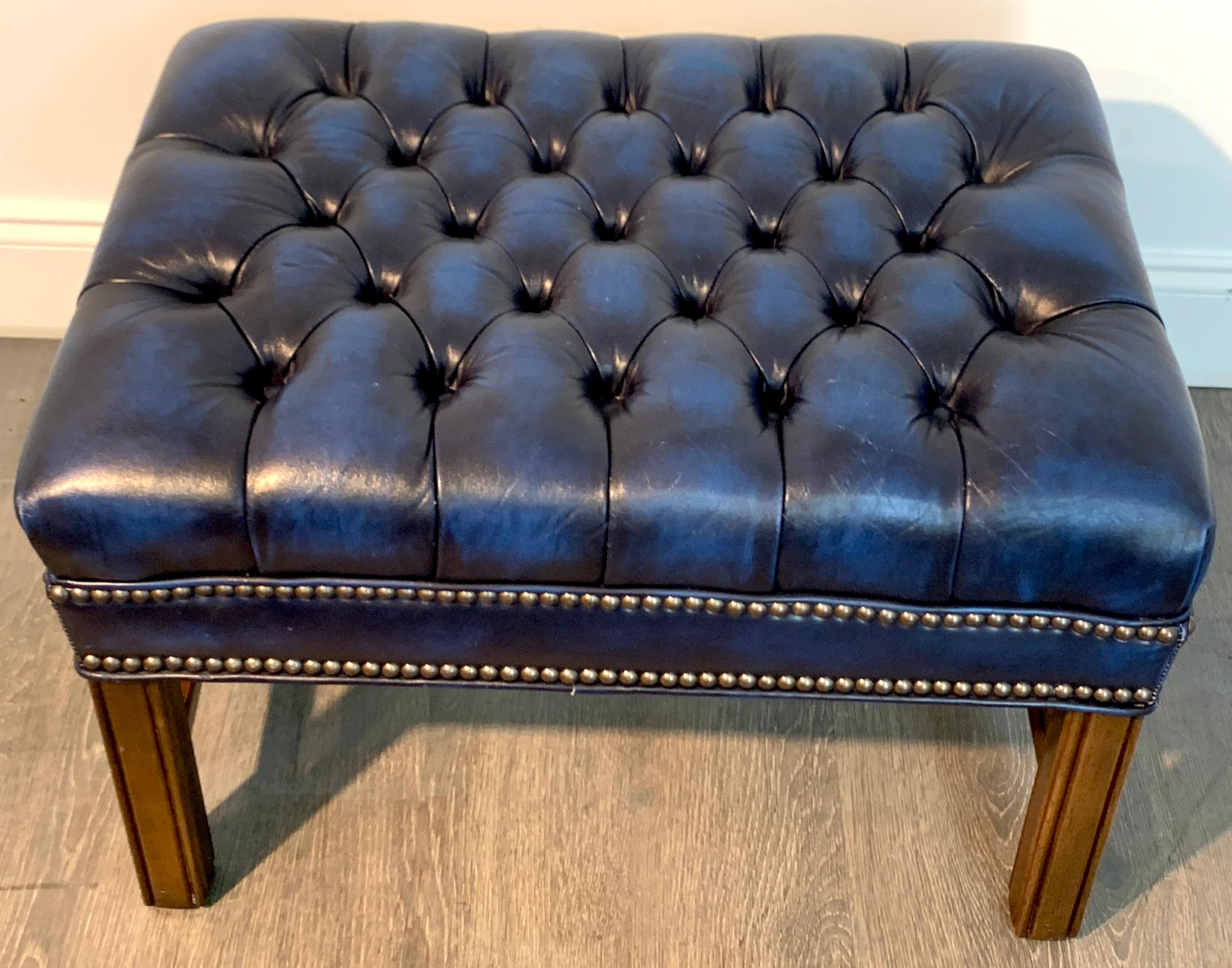 20th Century Pair of English Hollywood Regency Blue Leather Chesterfield Benches/Ottomans