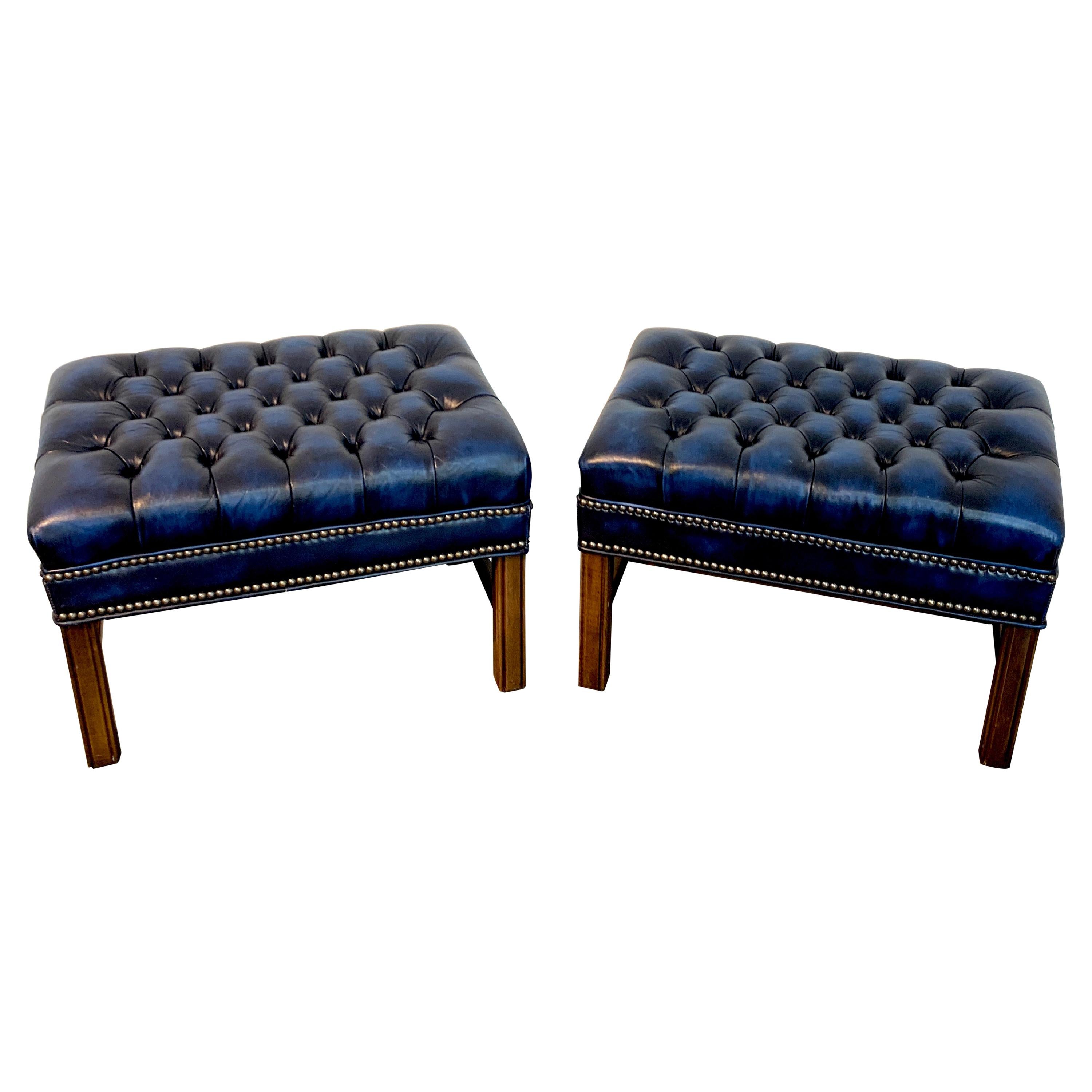 Pair of English Hollywood Regency Blue Leather Chesterfield Benches/Ottomans