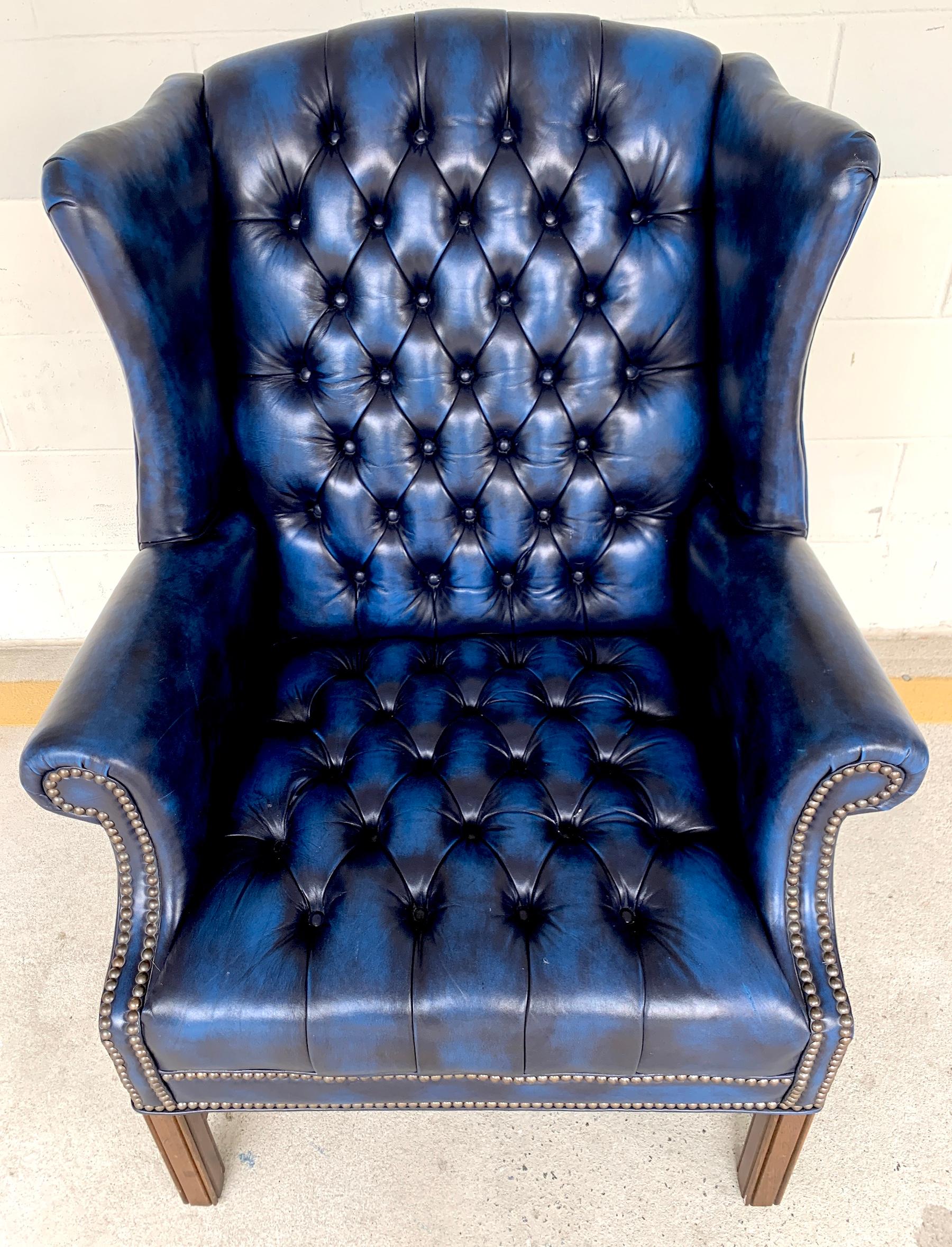 navy blue leather wingback chair
