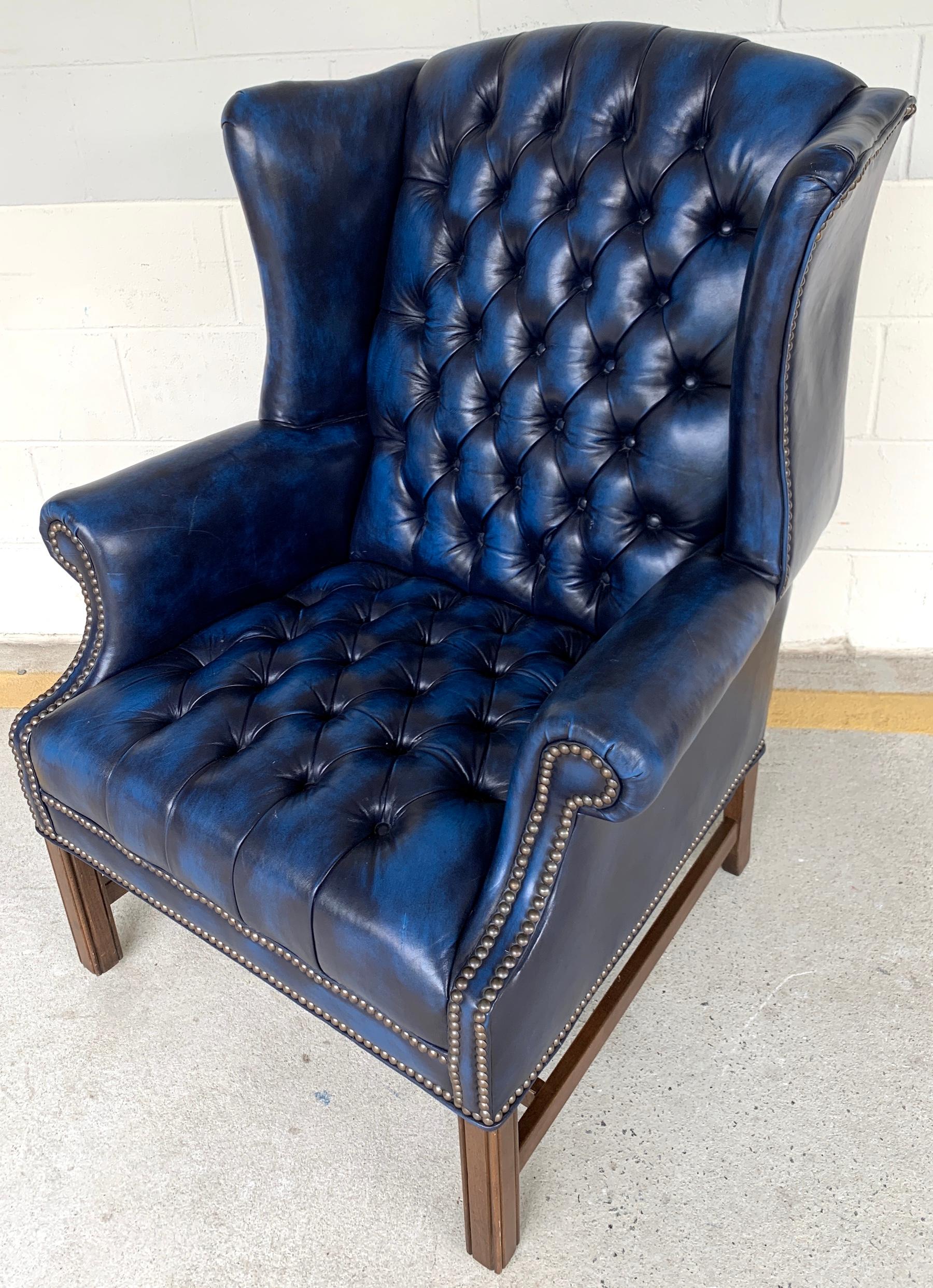 navy leather wingback chair